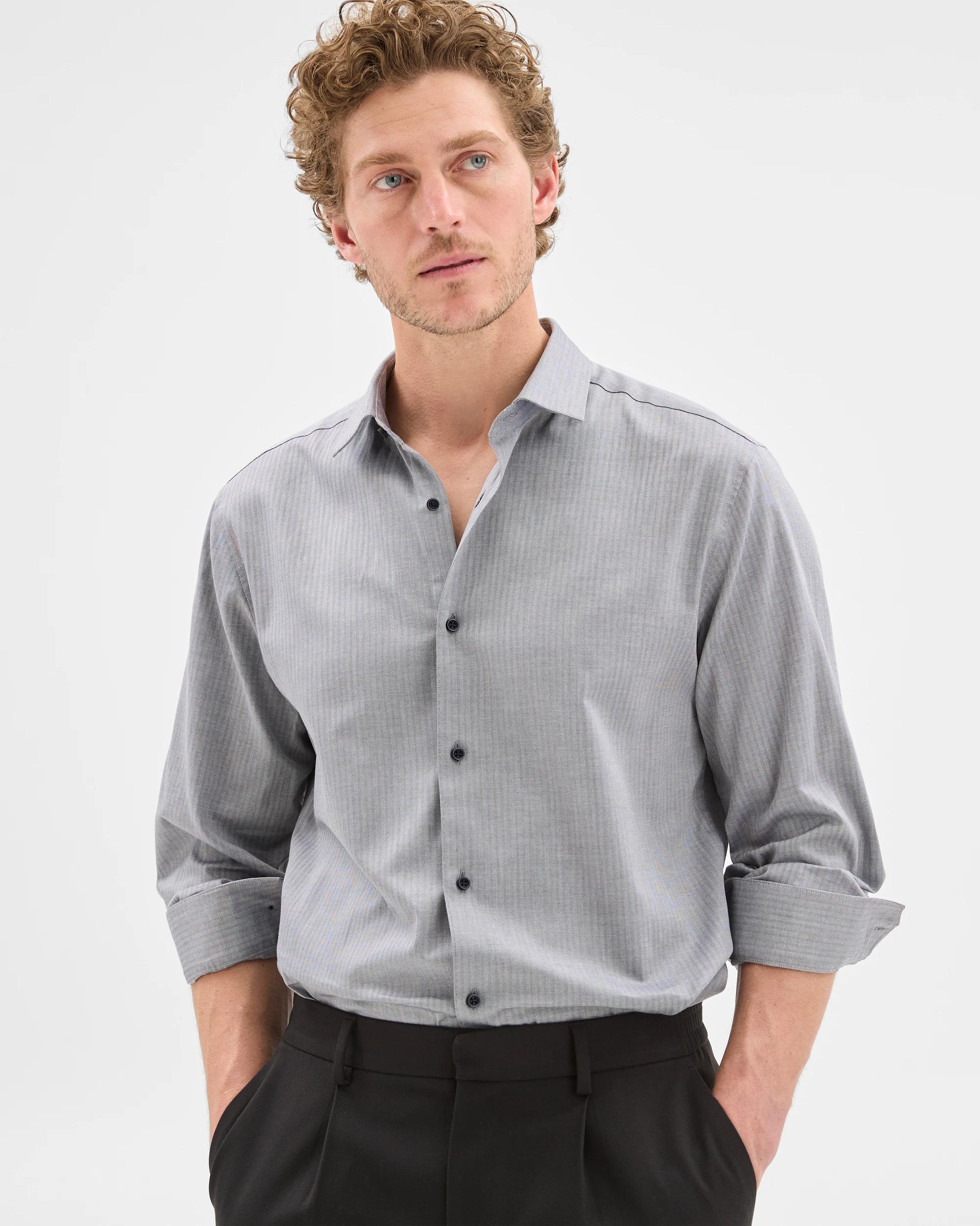 1 Australian Cotton Herringbone Business Shirt - Preview GREY, 1 of 7