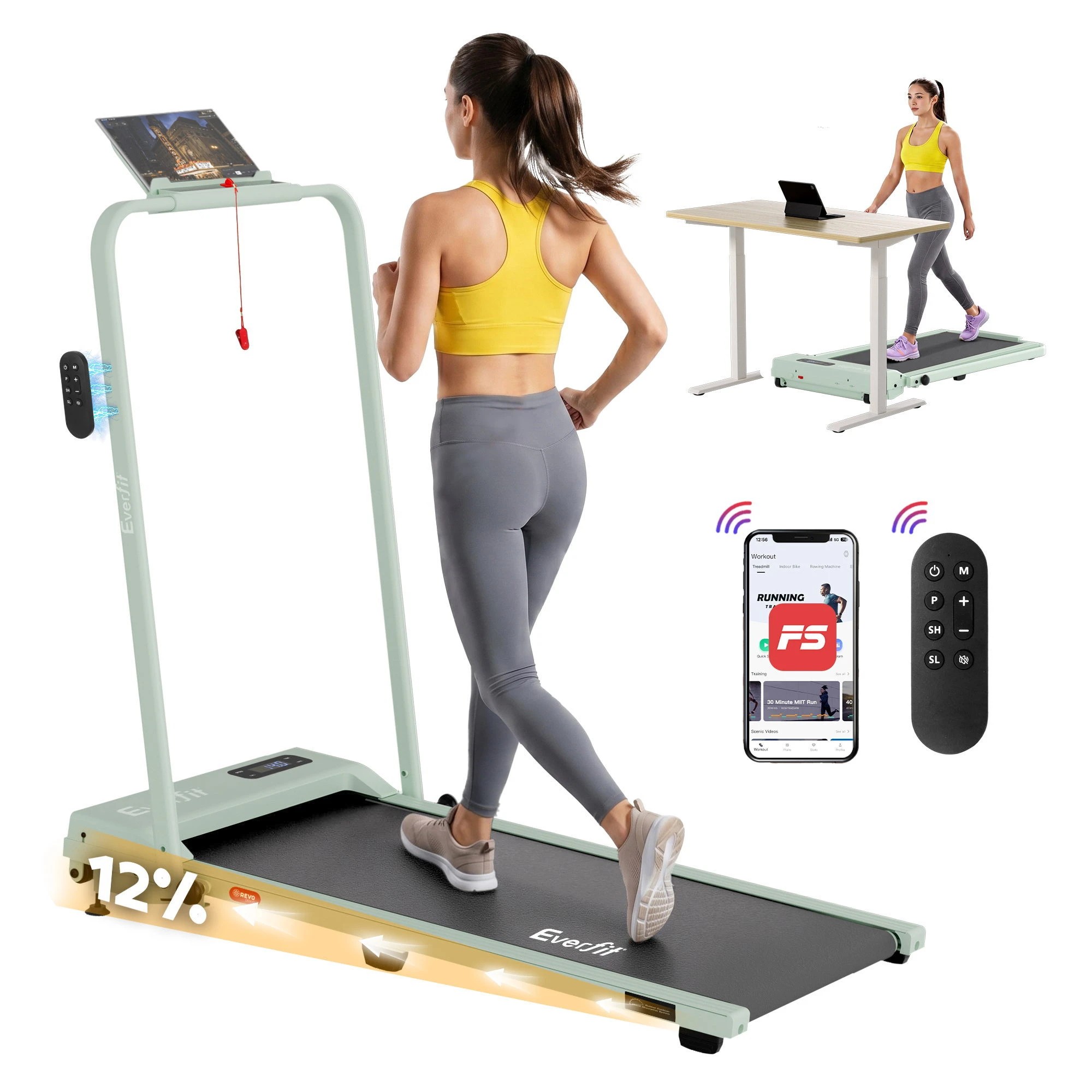 1 Everfit 3 in 1 Walking Pad Treadmill 12% Incline Under Desk Foldable for Home - Green, 1 of 10