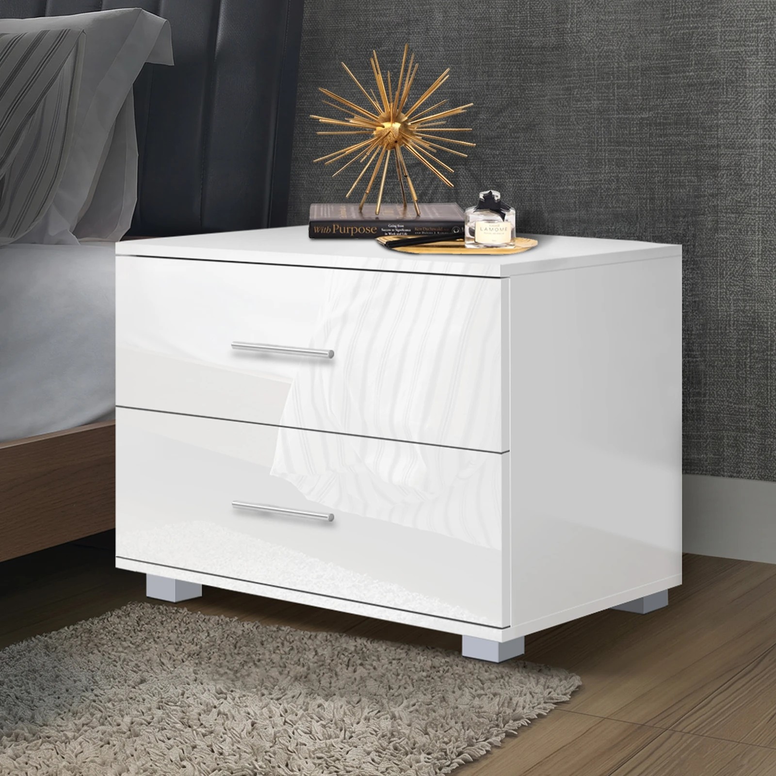 4 Alfordson Bedside Table Nightstand 4 Side High Gloss Side End Table - White, 4 of 10