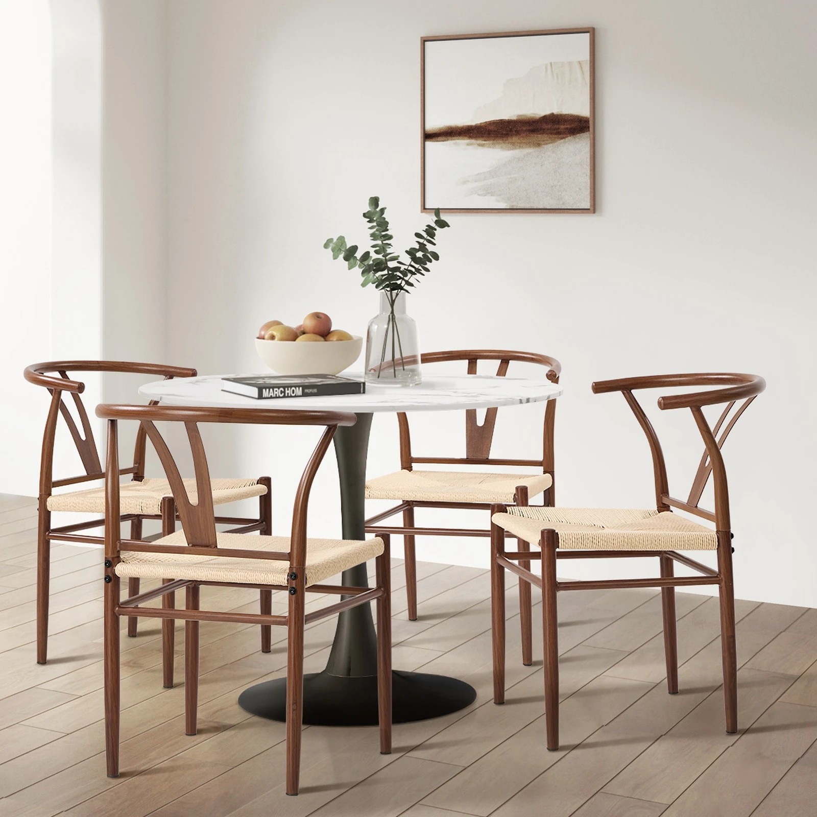4 Oikiture 2x Dining Chair Metal Hans Wegner Chair Wishbone Cafe Lounge -Walnut, 4 of 9