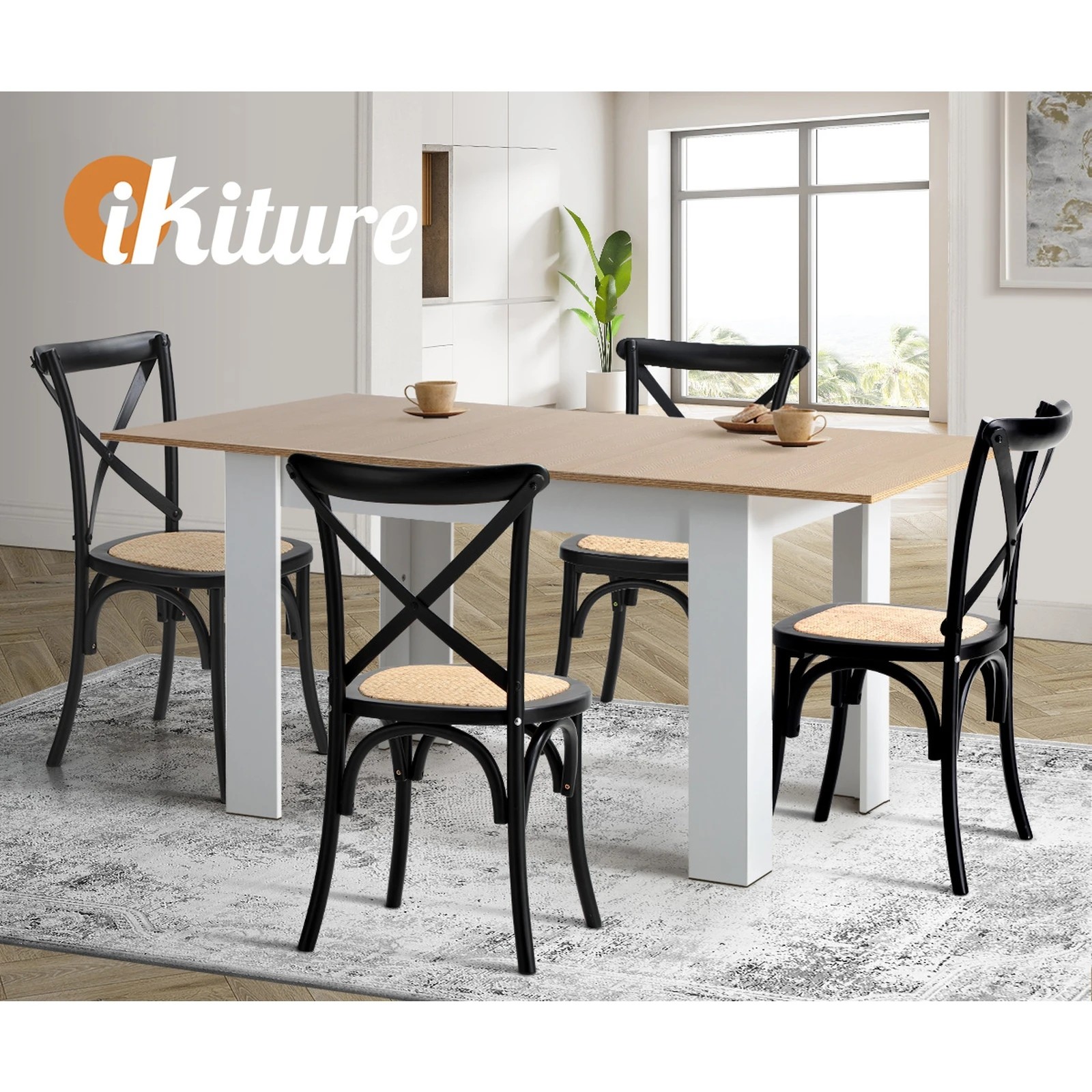 5 Oikiture 160cm Extendable Dining Table With 4pcs Dining Chairs Crossback
 - Black, 5 of 10