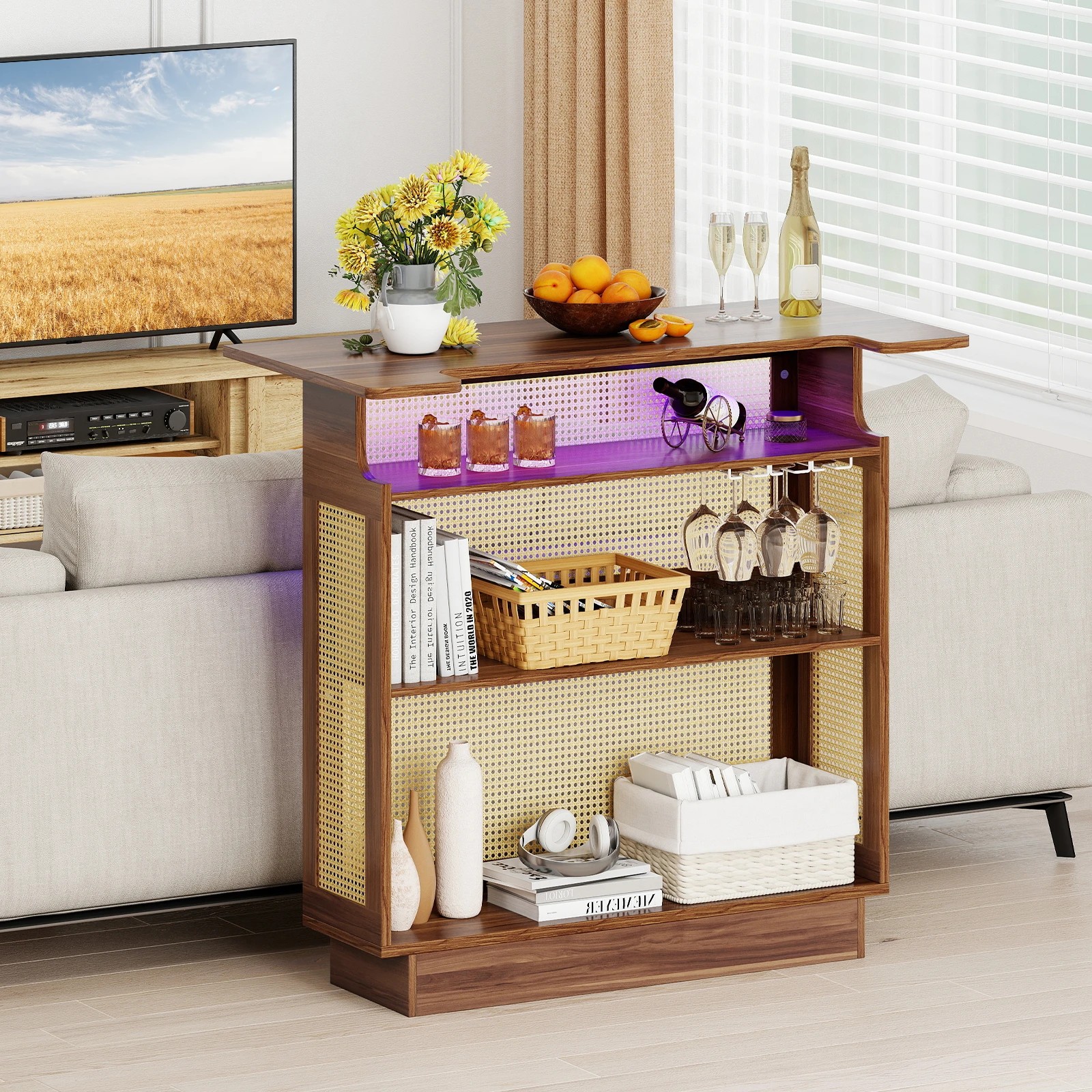2 Costway 4-Tier Rattan Bar Table LED Wine Counter Cabinet Home Pub Unit - Brown, 2 of 5