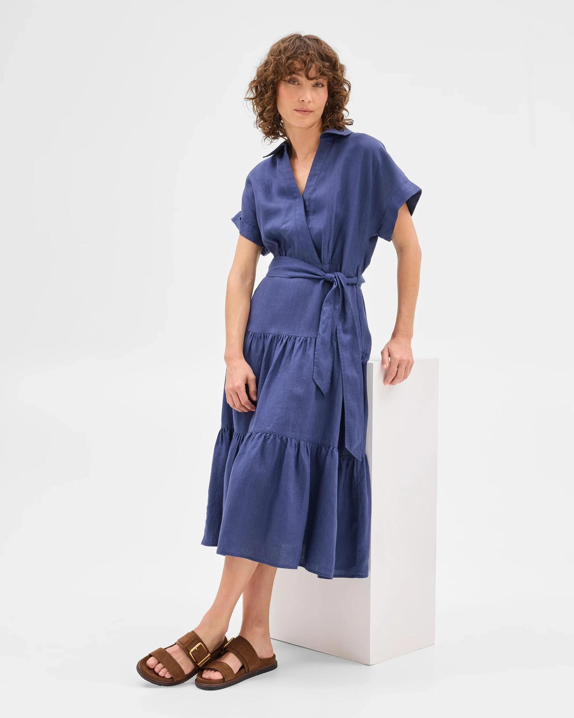 5 Target Woman European Linen Tiered Wrap Midi Dress BLUE INDIGO, 5 of 6