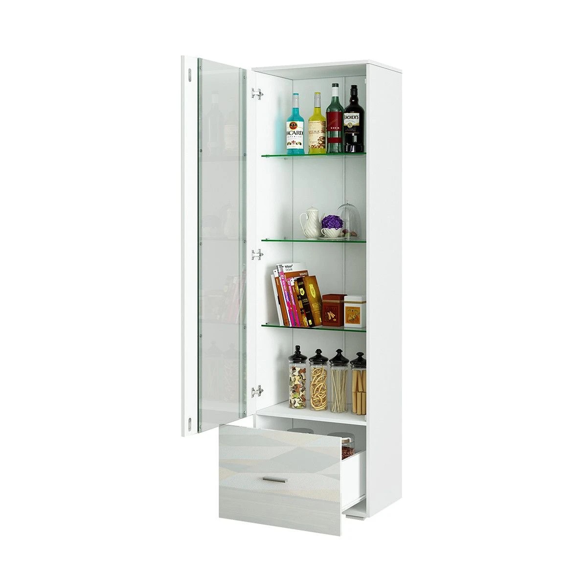 1 AUSWAY 190cm Wood Tall Side Cabinet with Thick Glass Shelves 1 Drawer High Gloss Front White, 1 of 7