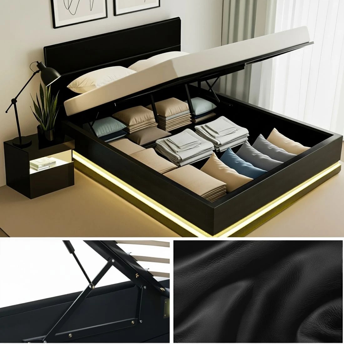 5 Artiss RGB LED Double Bed Frame with Beside Table Set 16 Colour Mood Lighting - Black, 5 of 8