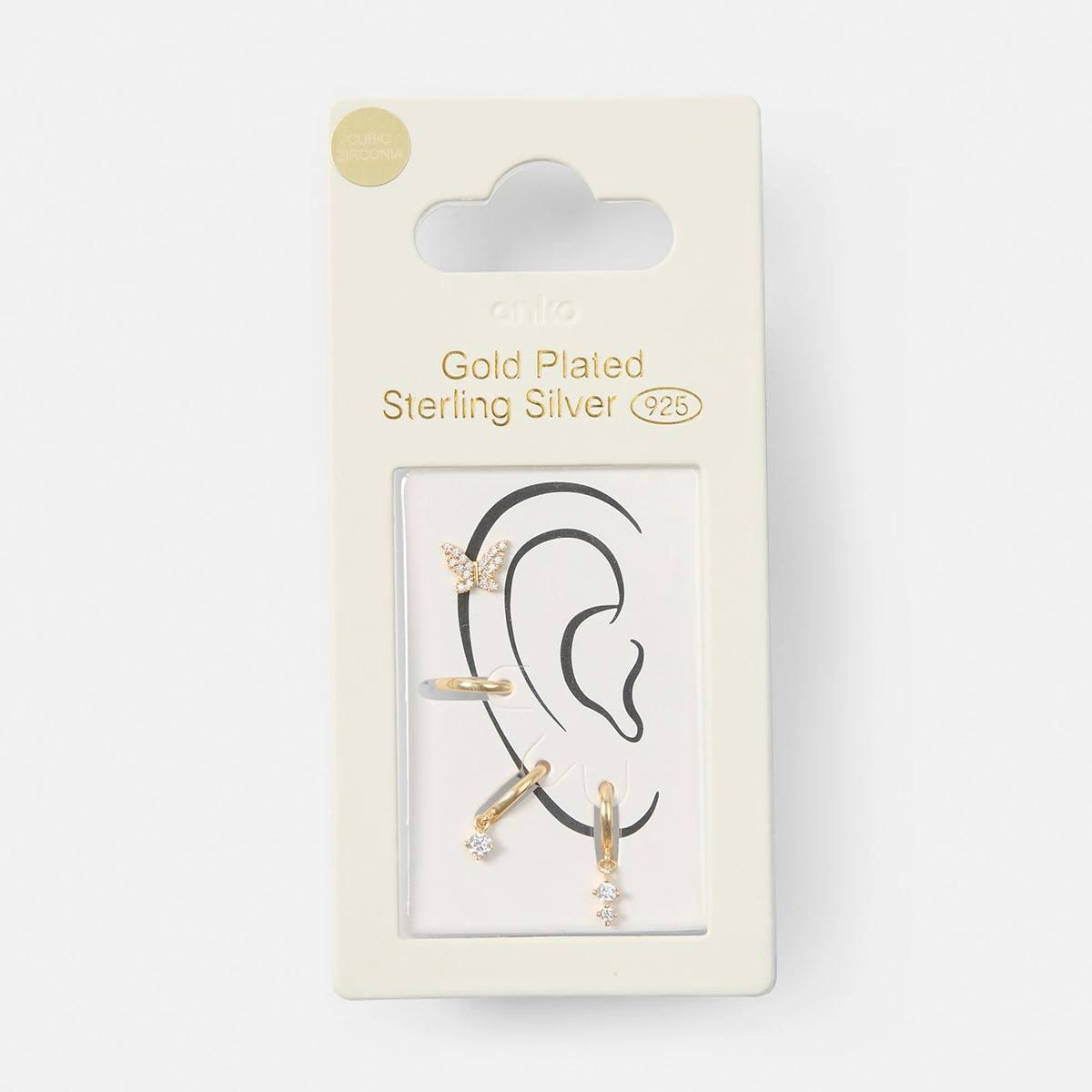 4 5 Pack Gold Plated Sterling Silver Butterfly Stack Earrings Gold, 4 of 5