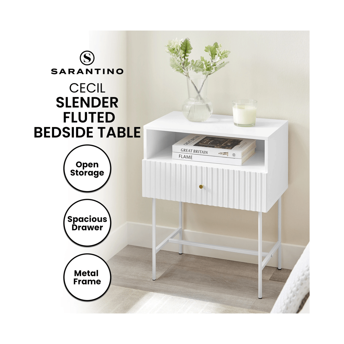 8 Sarantino Cecil Slender Fluted Bedside Table - White, 8 of 8