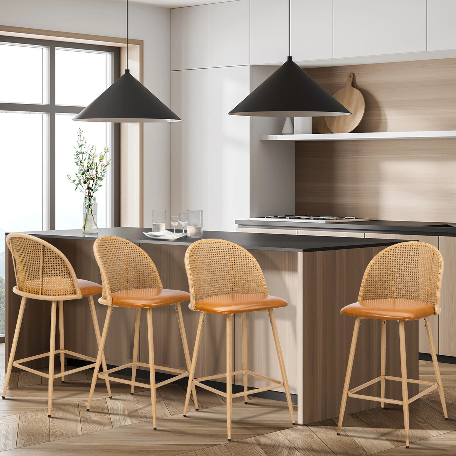 3 Oikiture Bar Stools Kitchen Counter Stool Rattan Dining Chair Pu Brown X4
 - Brown, 3 of 10