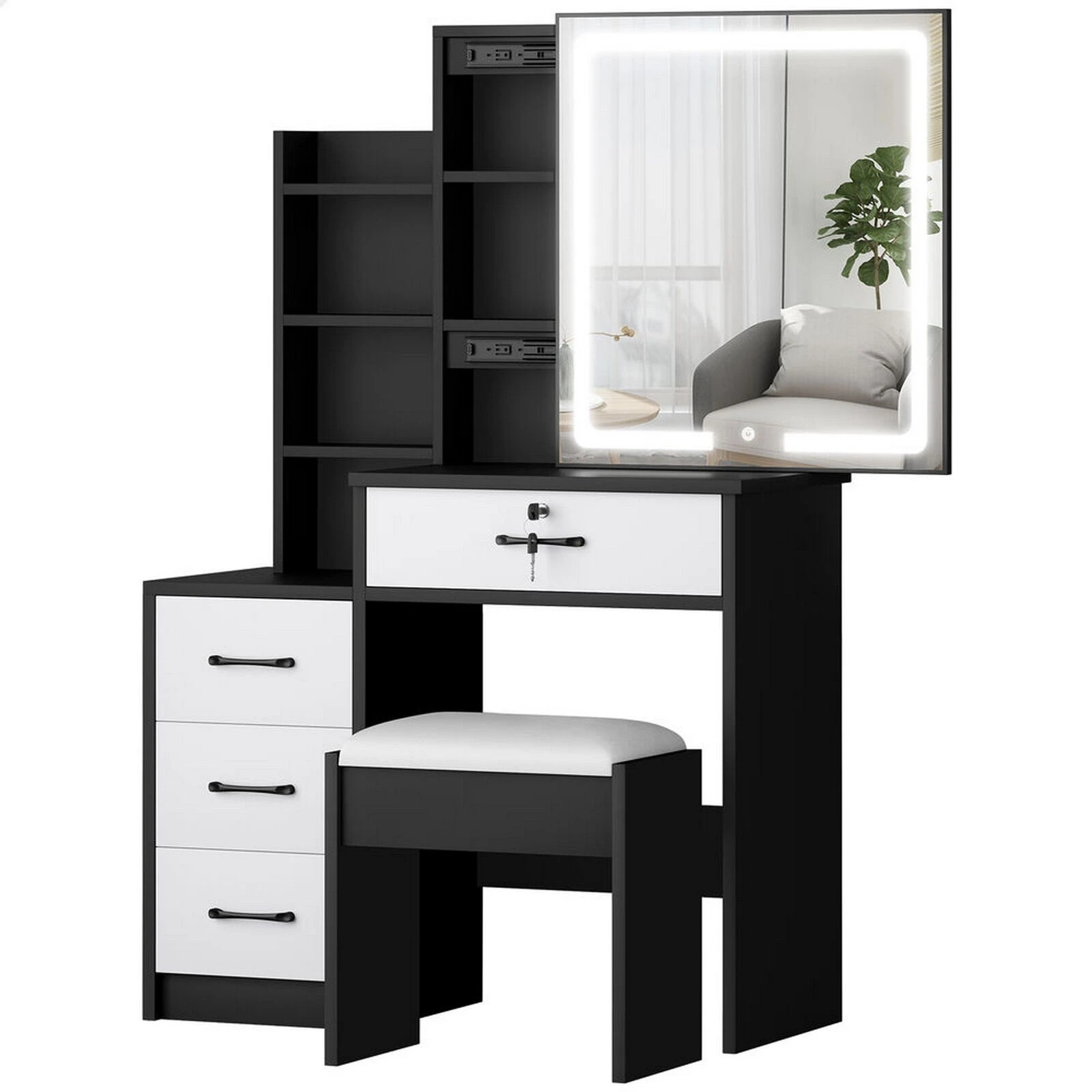 1 Alfordson Dressing Table Stool Set Makeup Mirror Vanity Desk Drawers - Black White, 1 of 10