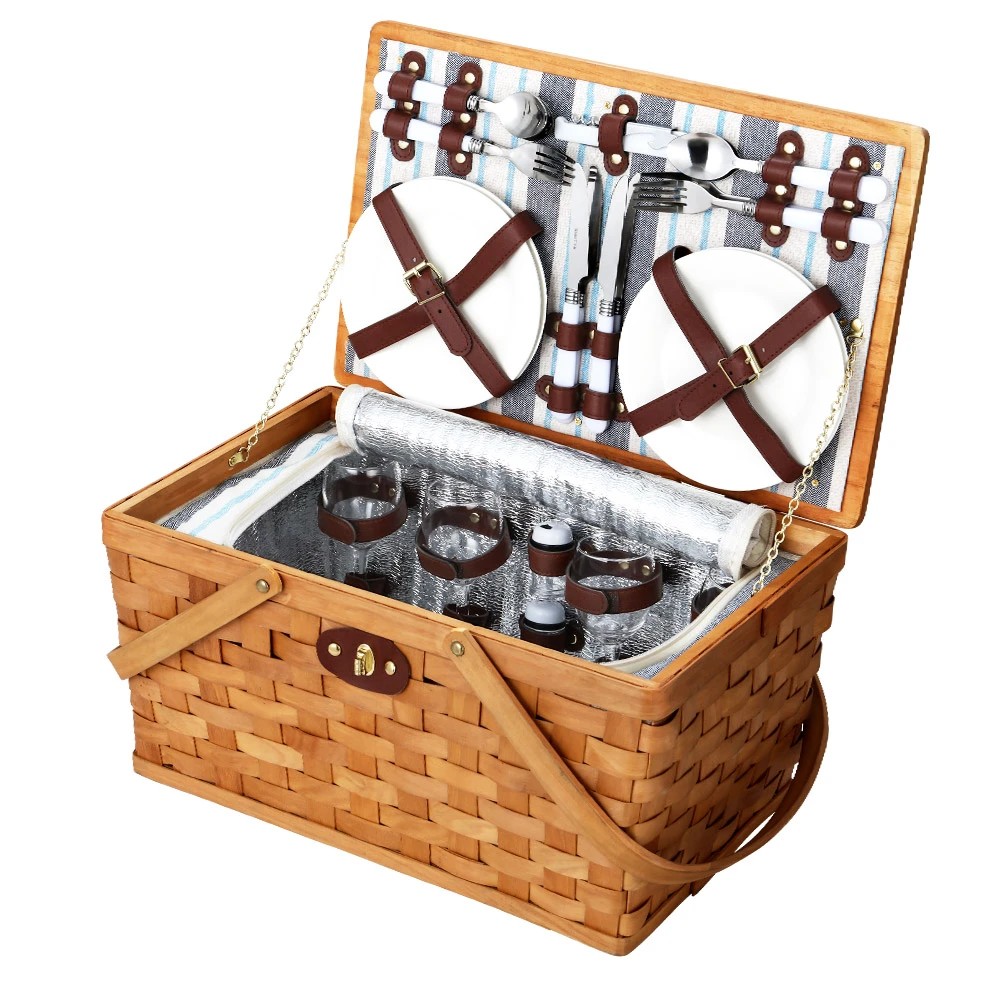 1 Alfresco 4 Person Picnic Basket Set Wooden Blanket Cooler Bag Outdoor - Multi, 1 of 5