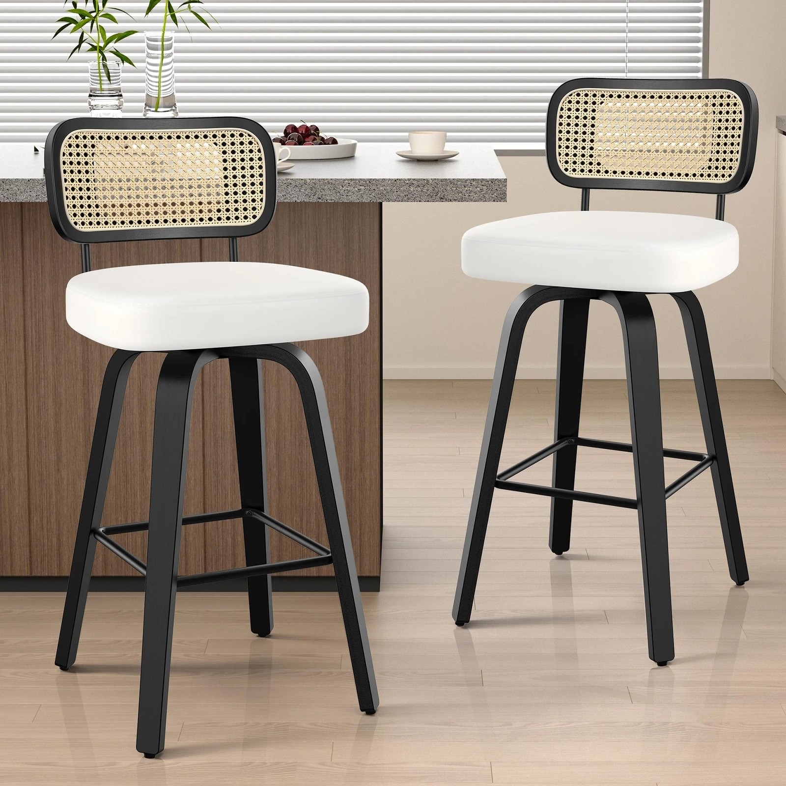 2 Alfordson 2x Bar Stools Kitchen Vintage Leather Seat Rattan Chair - White, 2 of 9