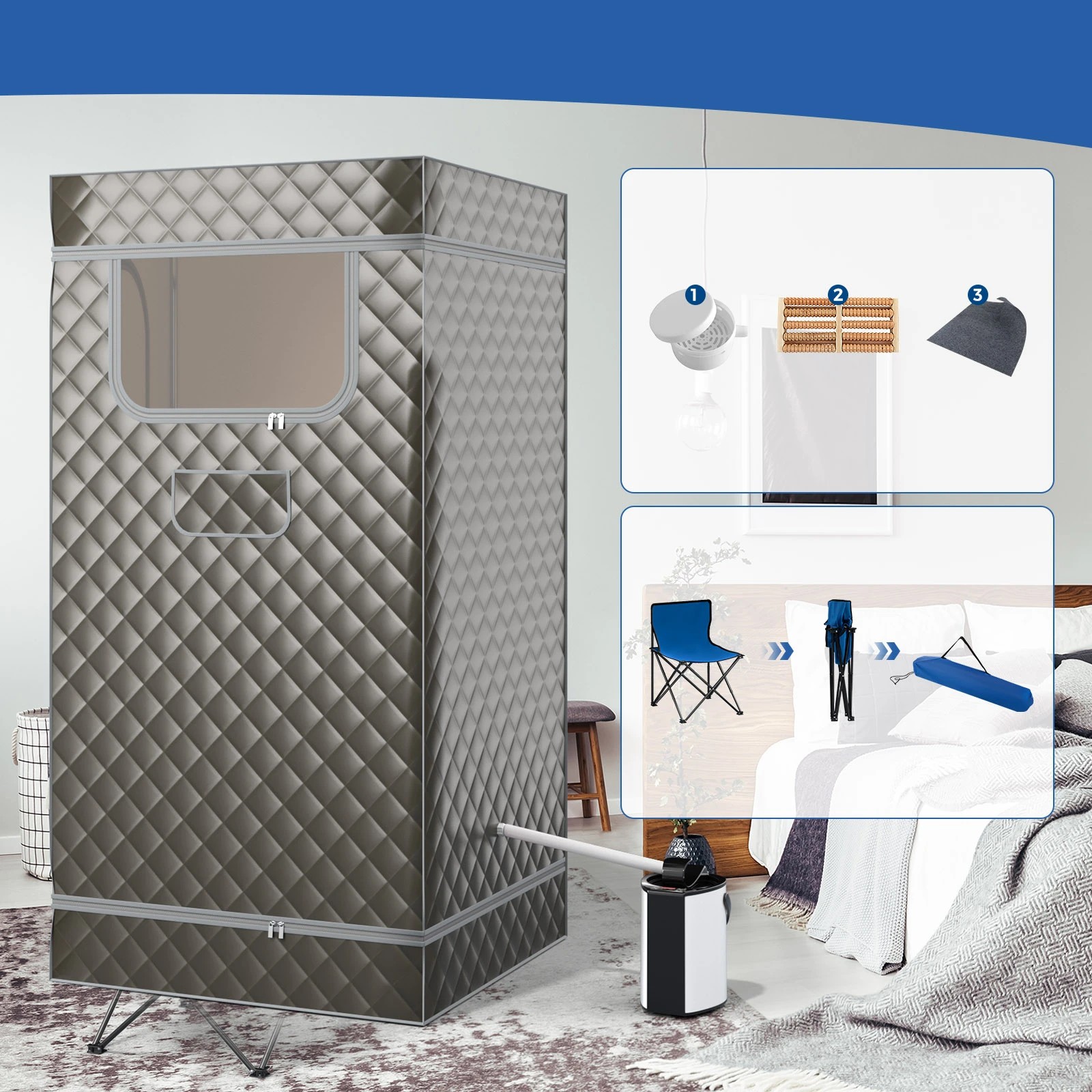 4 Costway Foldable Pop-Up Steam Sauna Tent Remote Control Sauna Tent w/3L Steamer/Foot Massager - Grey, 4 of 6