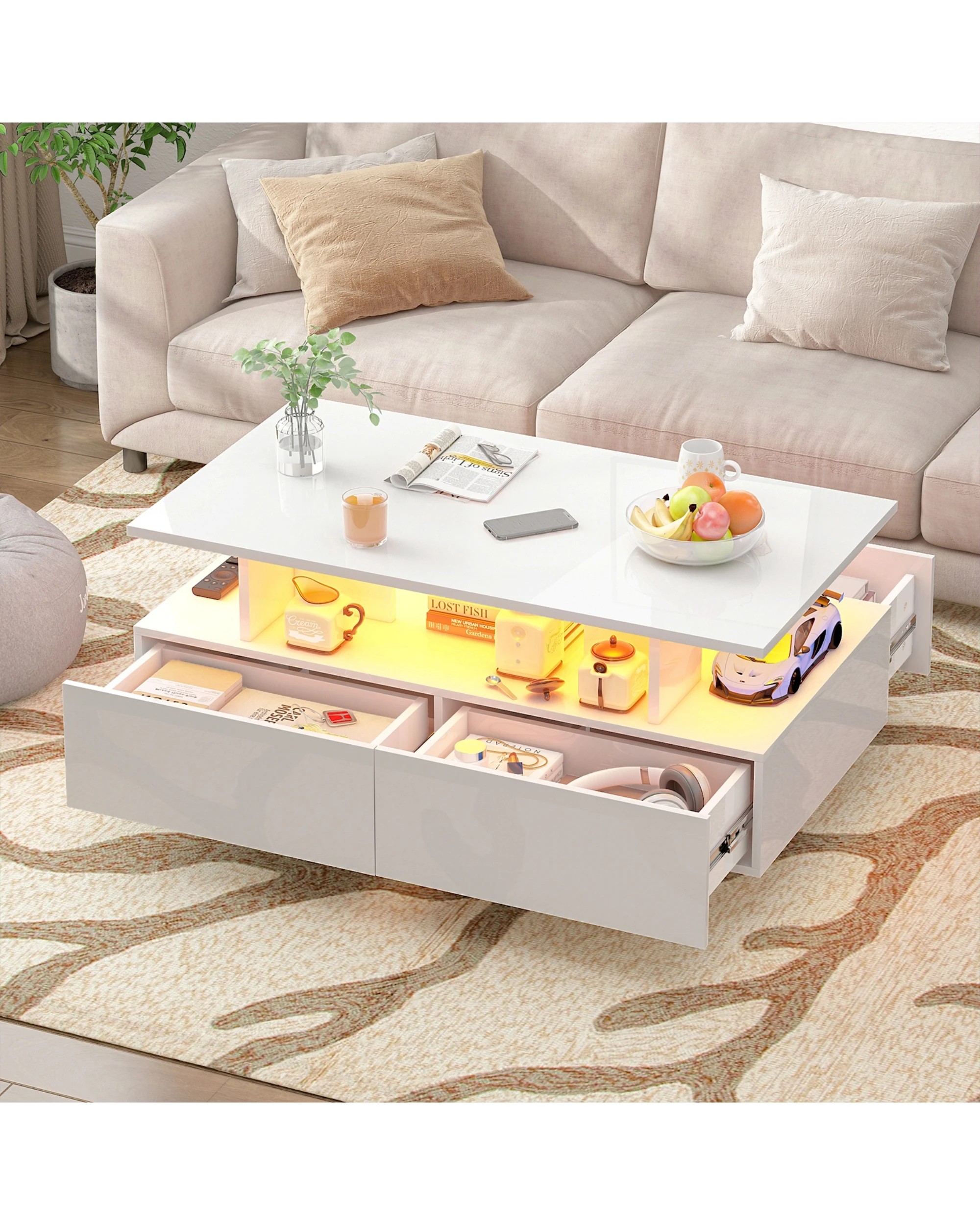3 Advwin LED Coffee Table w/ 4 Storage Drawers High Gloss Central Table w/ Open Display Shelf, 3 of 8