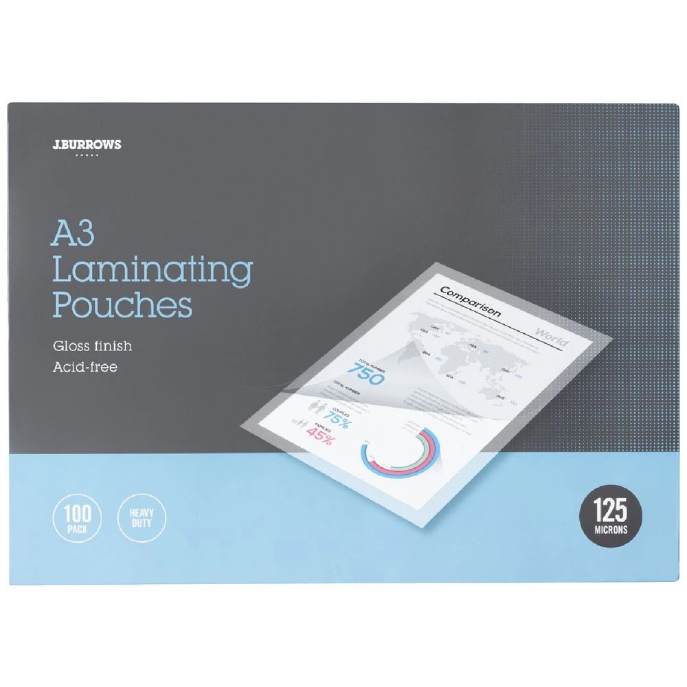 1 J.Burrows A3 Laminating Pouches 125 Micron 100 Pack Clear, 1 of 2