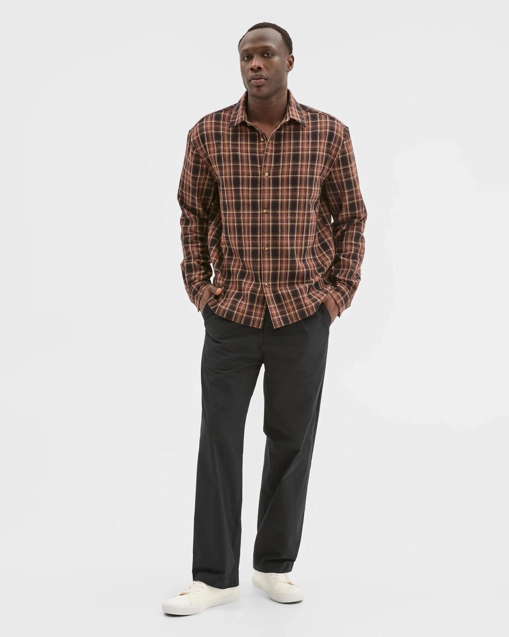 4 Commons Australian Cotton Boxy Fit Long Sleeve Textured Shirt TAN LARGE CHECK, 4 of 7