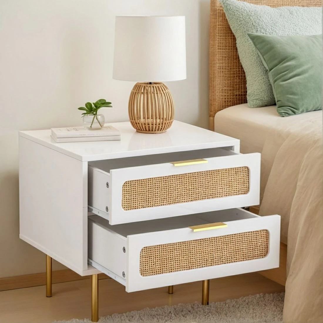 4 Artiss Rattan Bedside Table 2 Drawers - White, 4 of 5