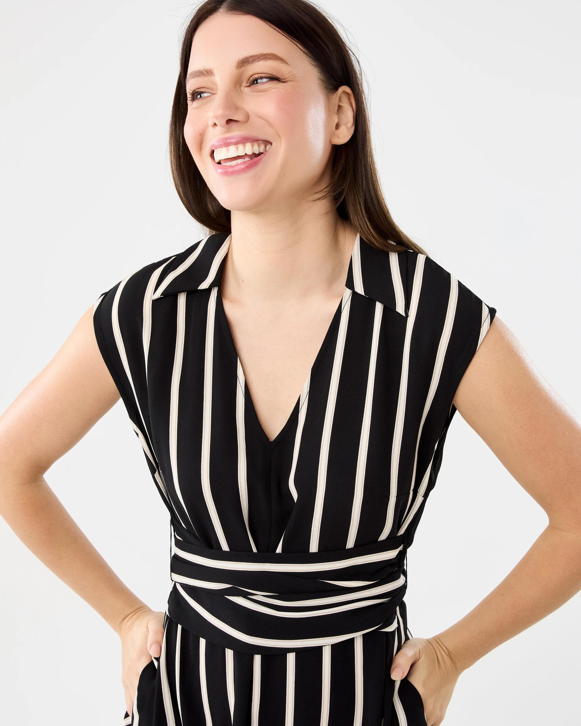 4 Short Sleeve Wrap Shirt Midi Dress Strp Blk, 4 of 8