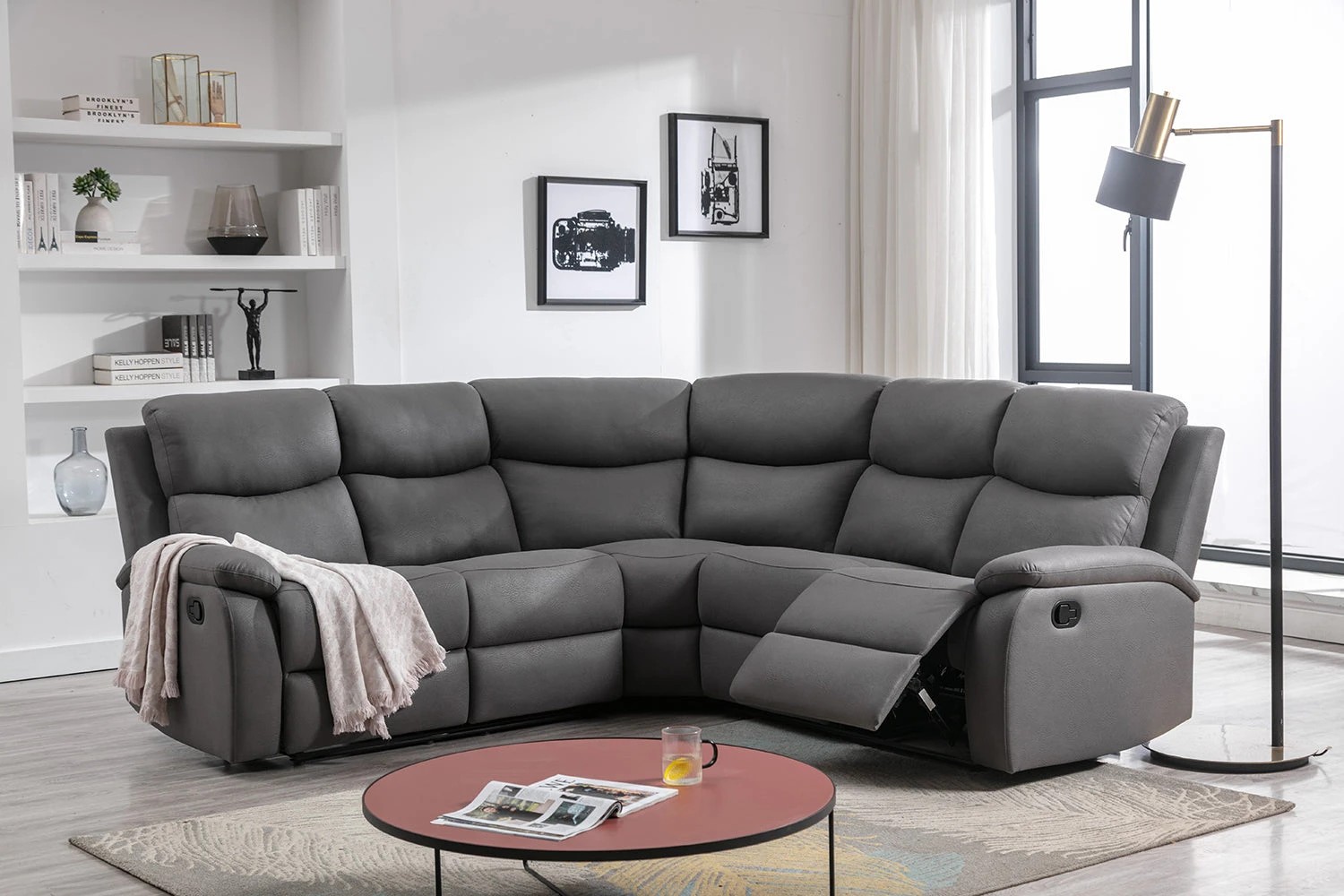 2 Foret 5 Seater Sofa Corner Lounge Recliner Footrest Bed Chaise Couch Fabric Grey Dark, 2 of 9