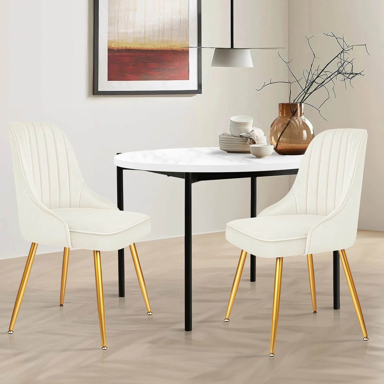 3 Alfordson 2x Dining Chairs Kitchen Accent Lounge Padded Tufted Seat Velvet - Beige, 3 of 10