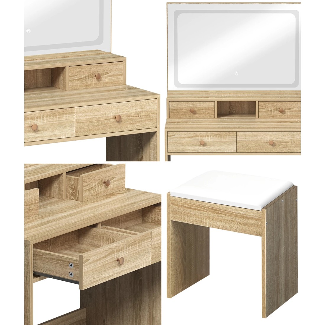 4 Oikiture Dressing Table Stool Set Led Mirror Vanity Desk With Drawers
 - Natural, 4 of 9