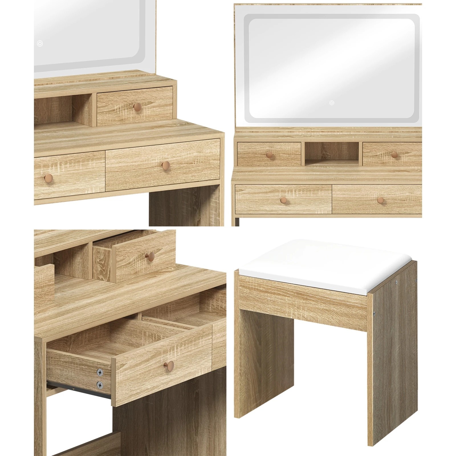 4 Oikiture Dressing Table Stool Set Led Mirror Vanity Desk With Drawers
 - Natural, 4 of 9