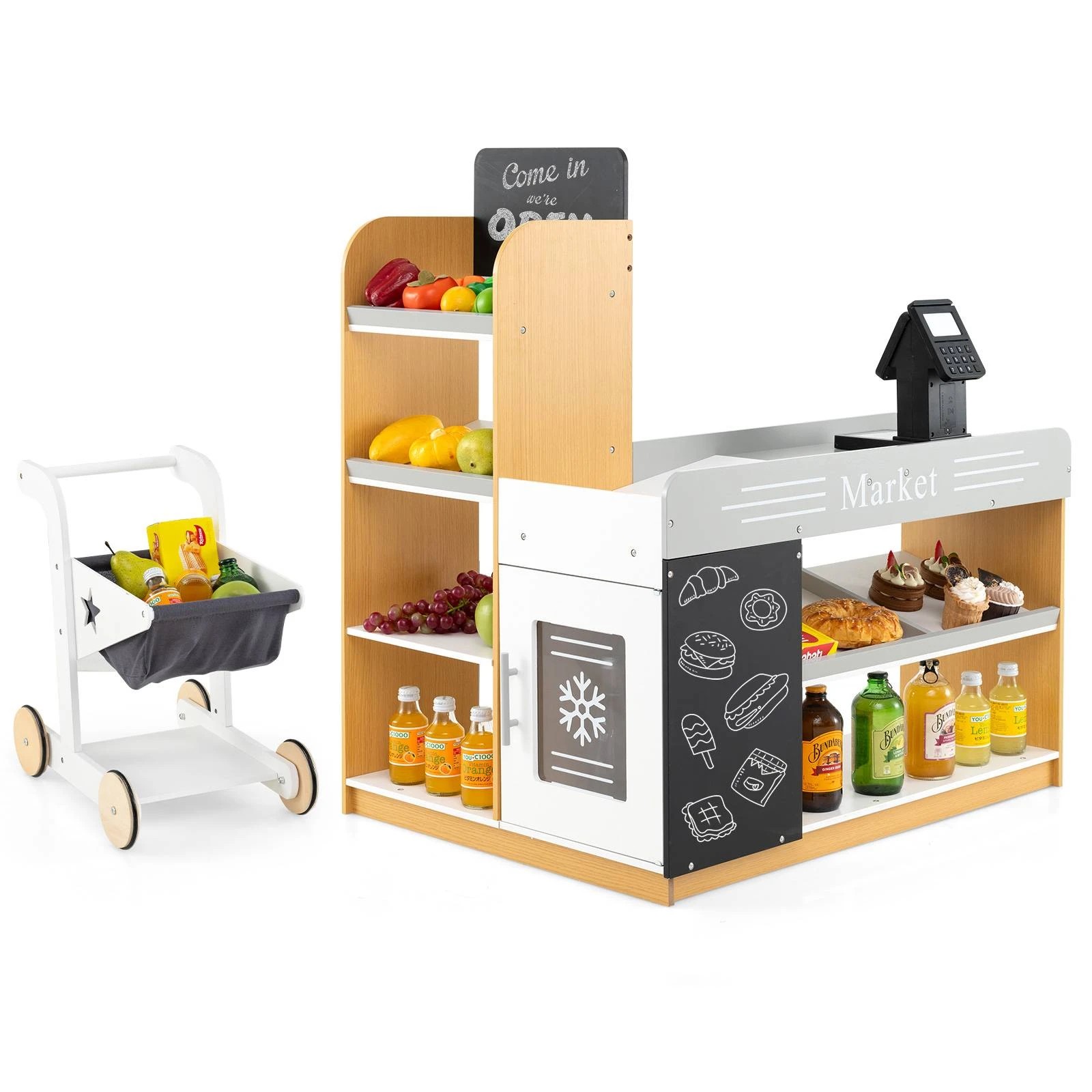 1 Costway Wooden Supermarket Playset Pretend Play Grocery Store, 1 of 1