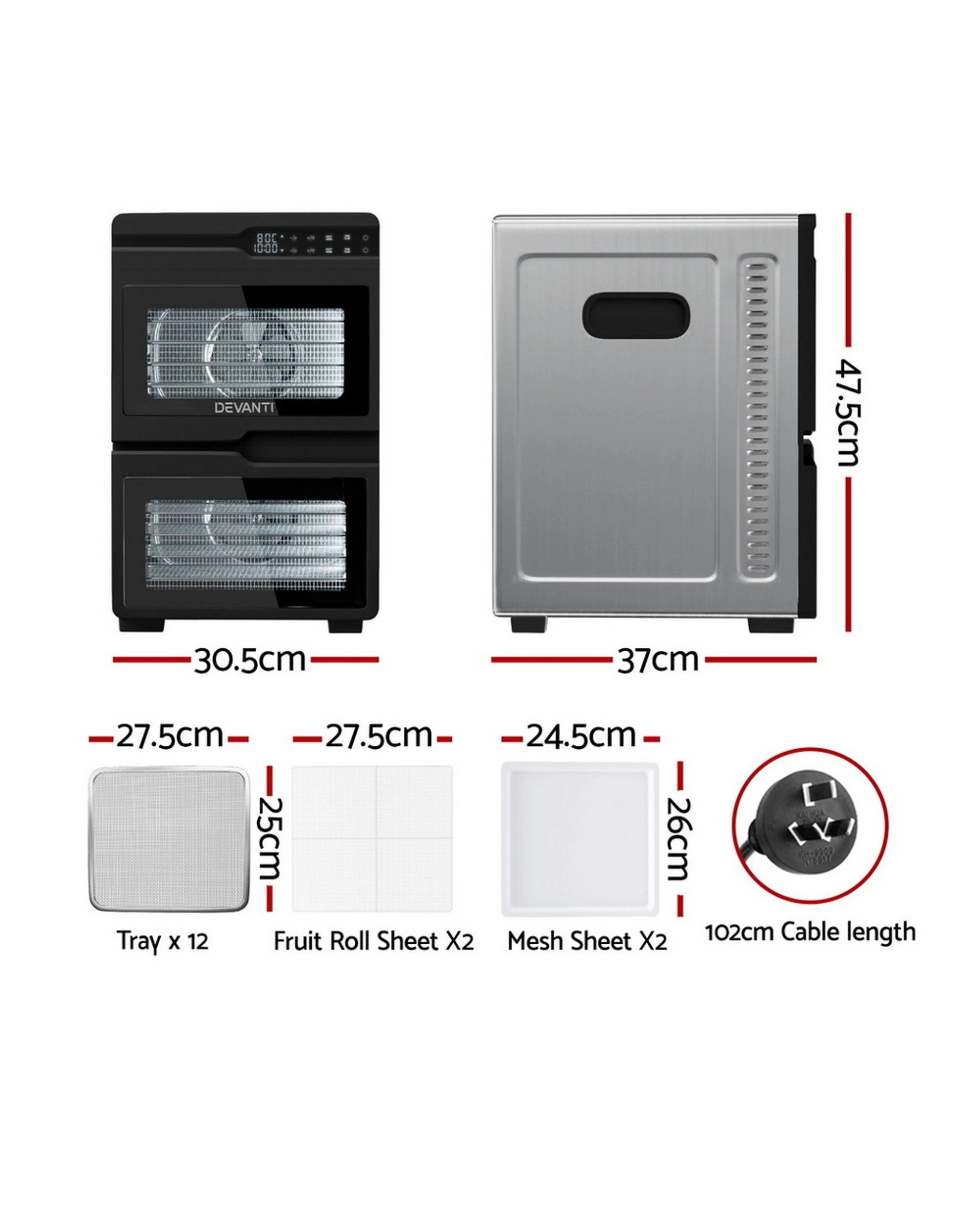 2 Devanti 12 Trays Food Dehydrator Dual-zone Stainless Steel Fruit Jerky Dryer
 - Silver, 2 of 3