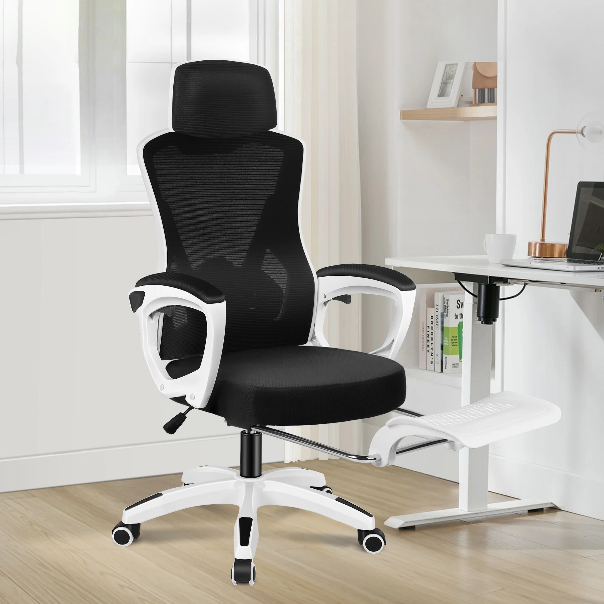2 Alfordson Mesh Office Chair Executive Computer Recliner Fabric Racing Seat Work - White Black, 2 of 10