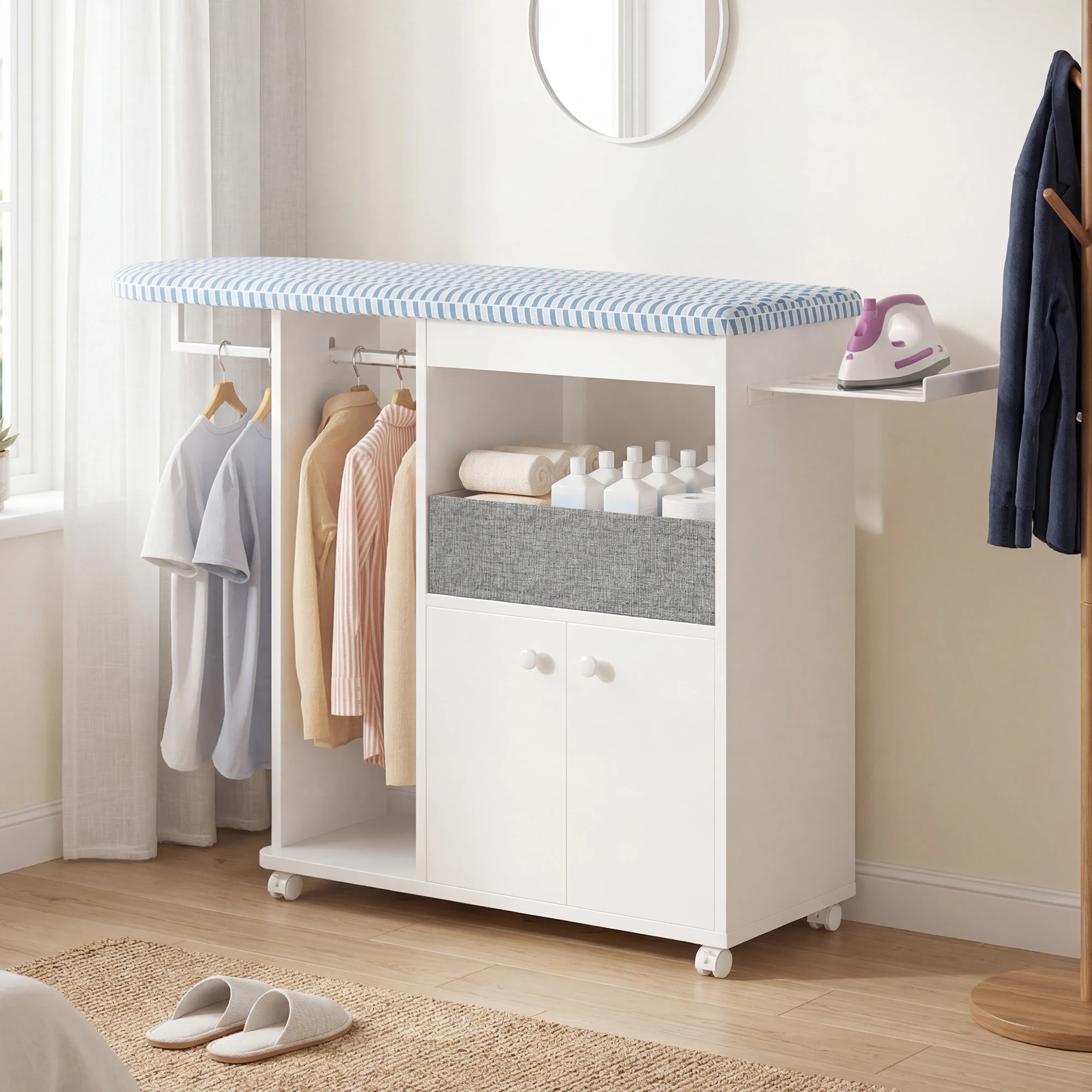 2 Advwin Ironing Board on Wheels with Storage Cabinet Iron Rack Hanger Rod Fabric Drawer - White, 2 of 10