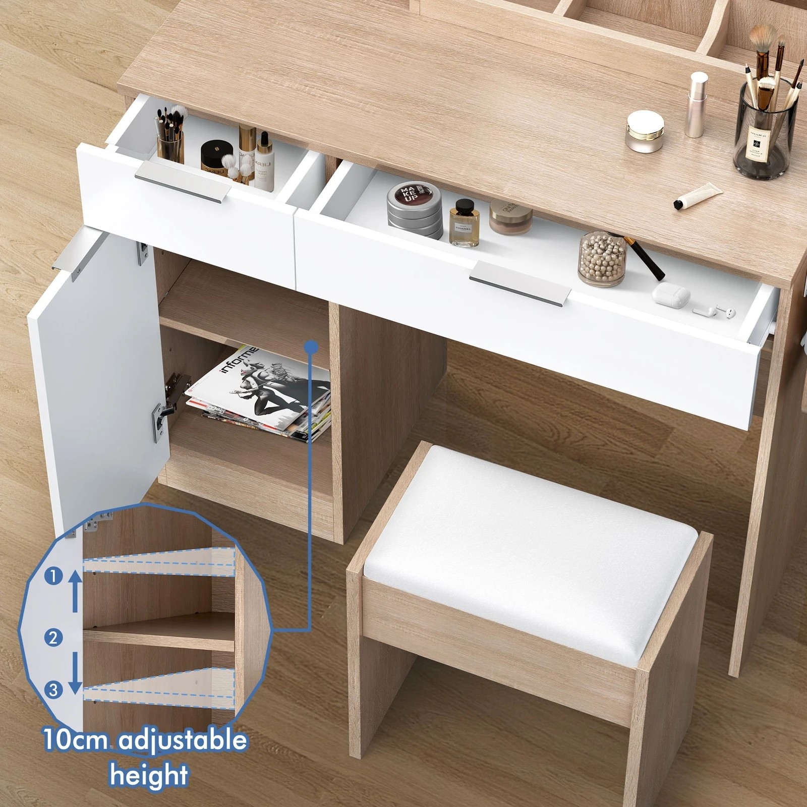 5 Alfordson Dressing Table Stool Set LED Vanity Desk Makeup Mirror Drawers - Oak, 5 of 10