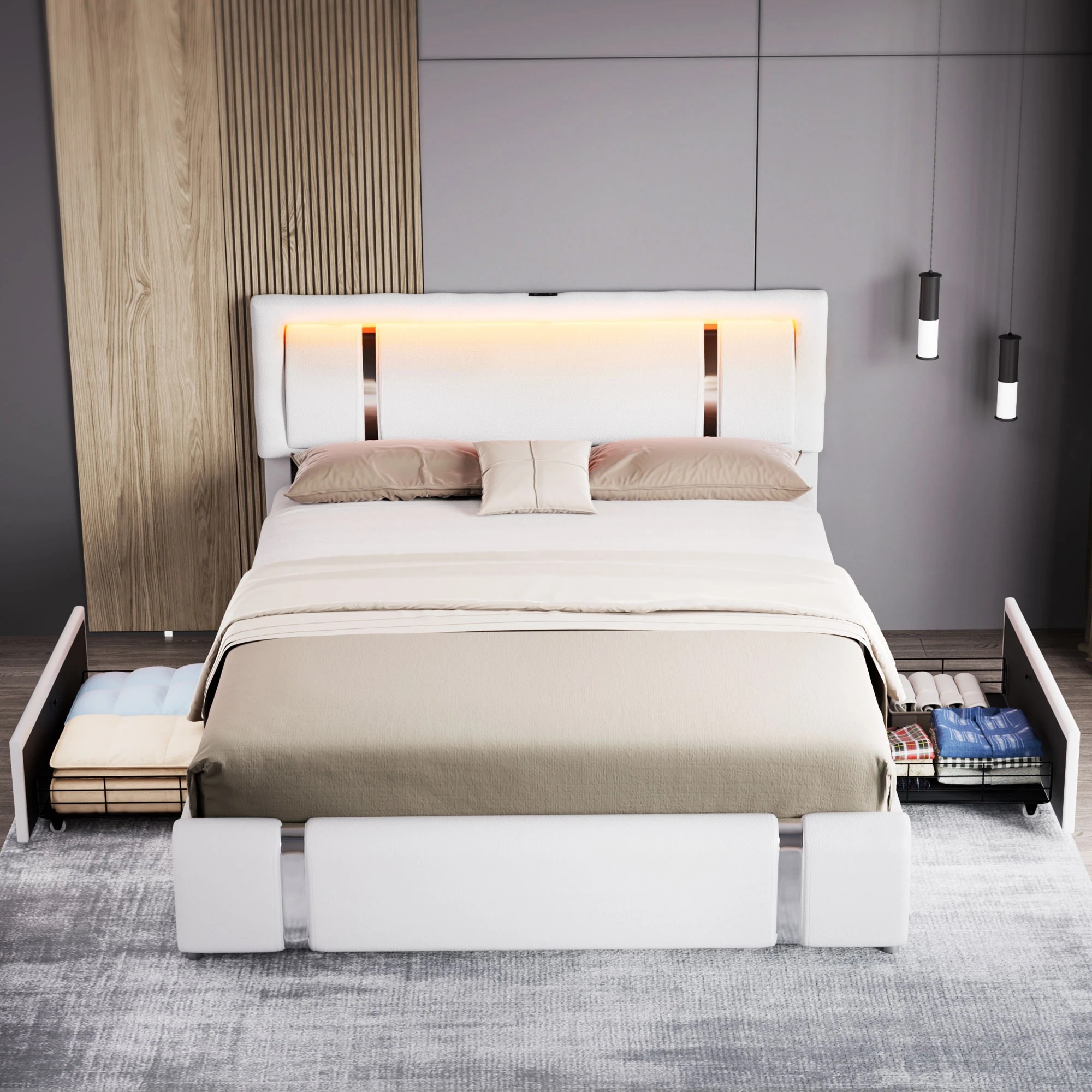 7 Levede King Bed Frame PU with LED USB and 2 Drawers - White, 7 of 9