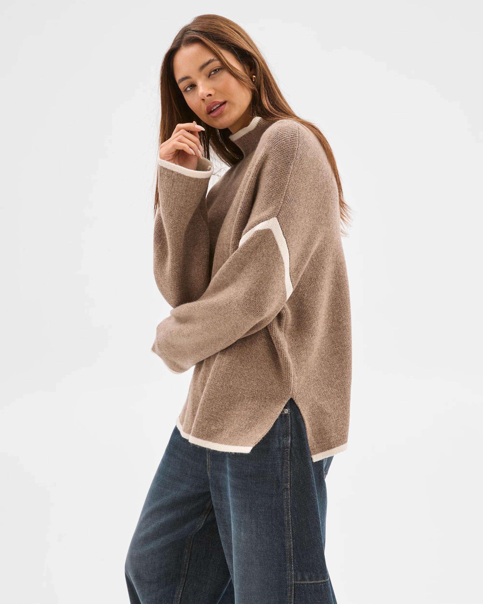 1 Lily Loves High Neck Contrast Jumper CACAO MARLE, 1 of 5
