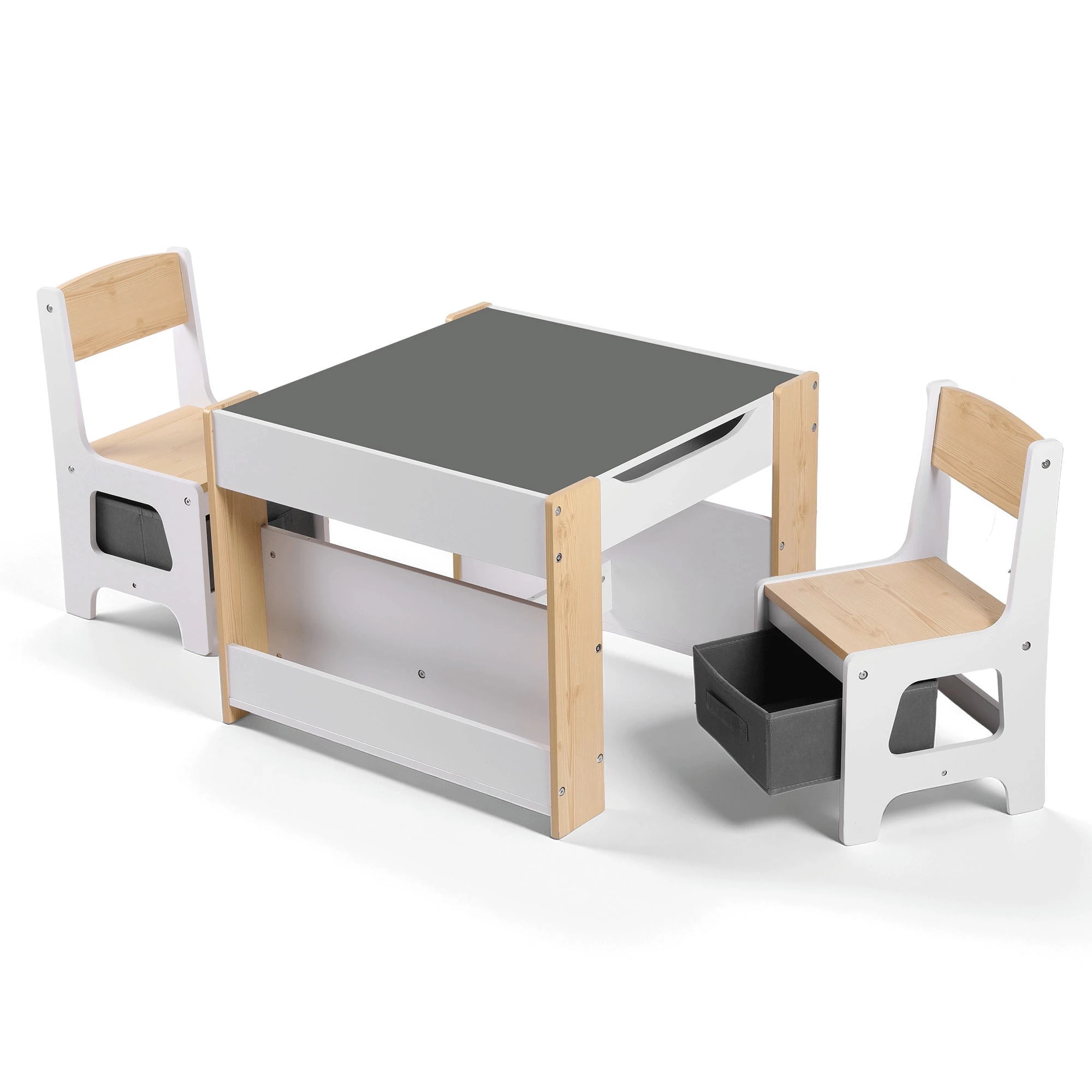 1 Keezi Kids Table and Chair Set 4 in 1 Wooden Activity Table with Bookcase Stor - Natural, 1 of 5