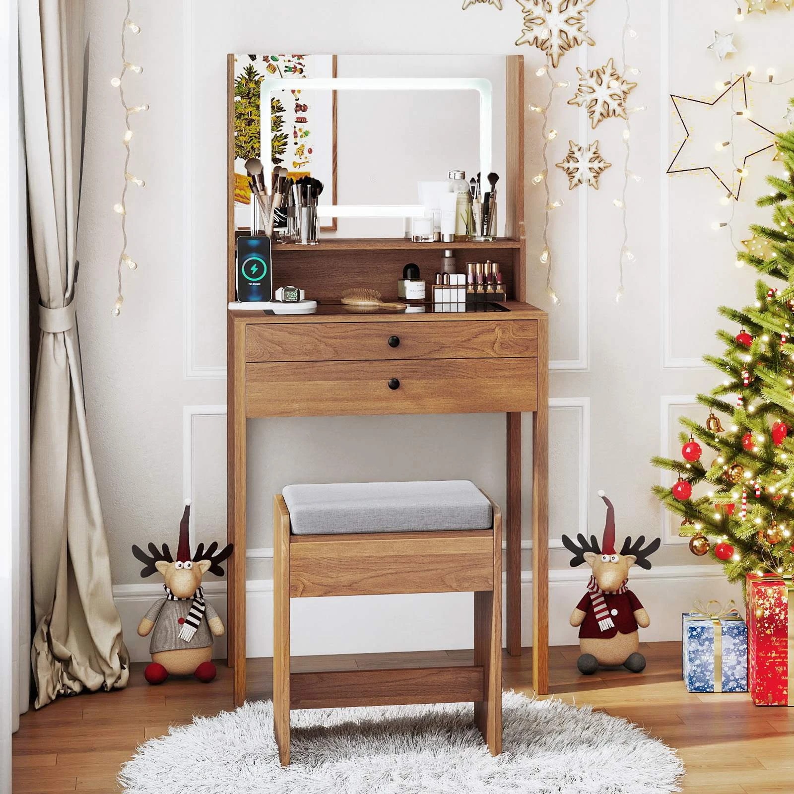 3 Costway Vanity Desk Set Tempered Glass Top Dressing Table Stool w/Power Outlets, 3 of 4