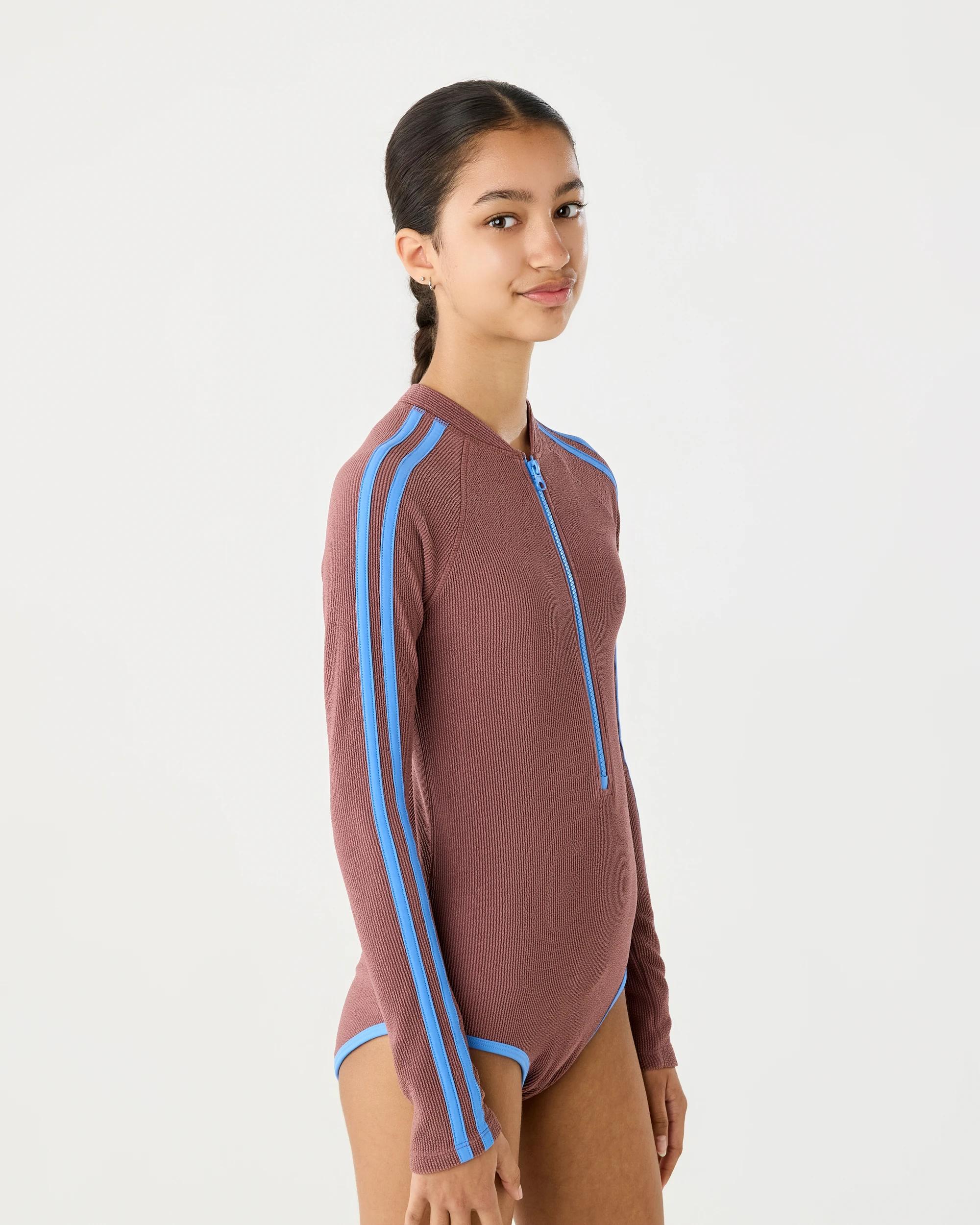 1 Long Sleeve Zip Side Stripe One Piece Swimsuit Dsrt Brwn, 1 of 5