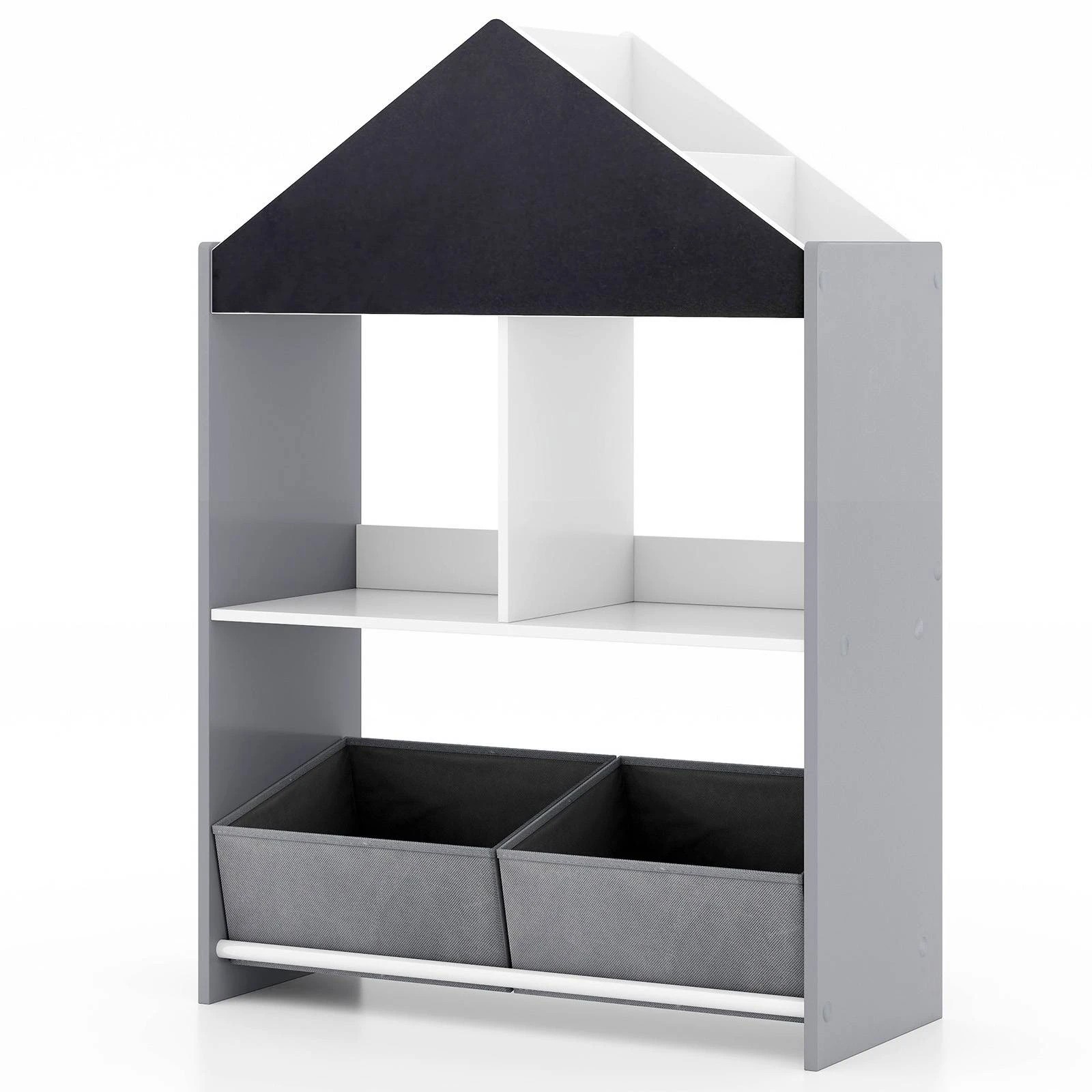 1 Costway Playhouse Bookcase Wooden Bookshelf w/Whiteboard - Grey, 1 of 1