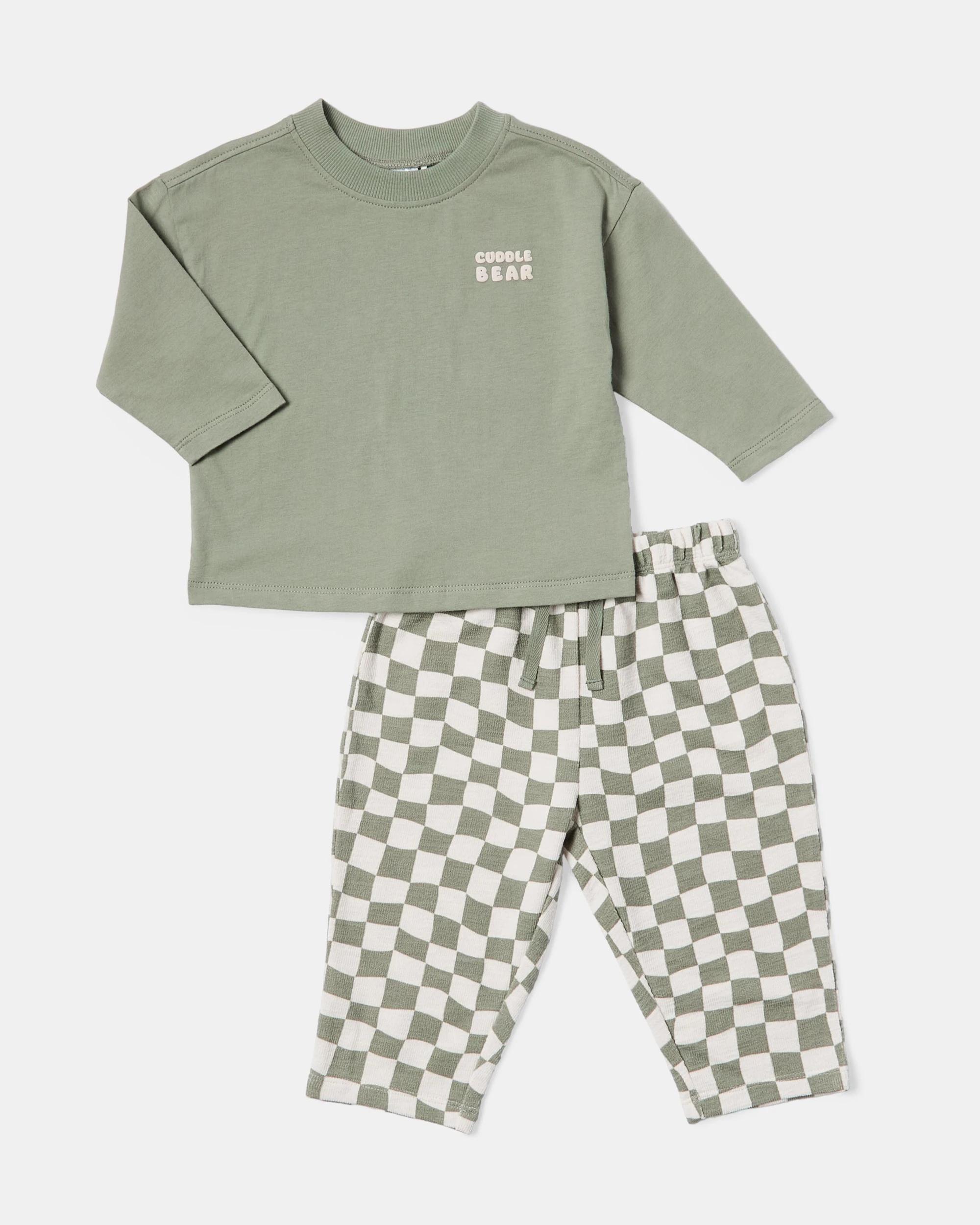 1 Long Sleeve Slub T-shirt and Pants Set Check, 1 of 6