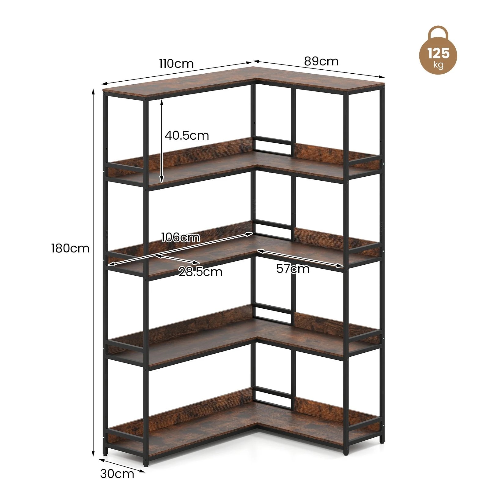 4 Costway 180CM Corner Bookshelf 5-Tier L-Shaped Utility Shelves Metal Frame Bookcase - Brown, 4 of 4