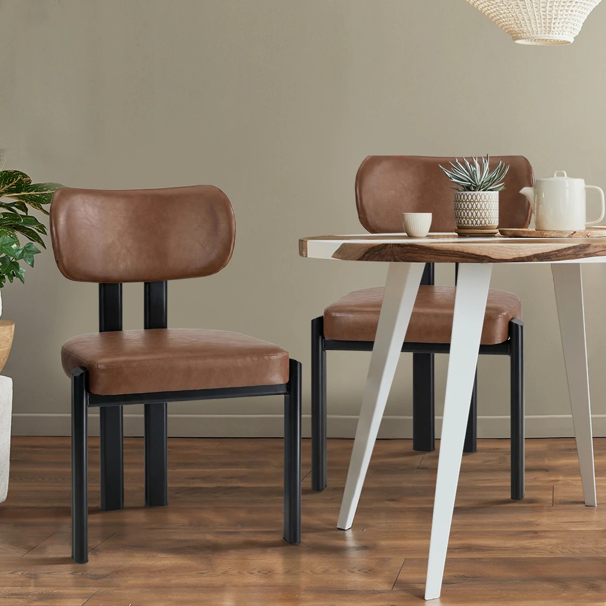 4 Oikiture Set of 2 Dining Chairs Faux Leather Fabric Kitchen Chair Padded Seat - Brown, 4 of 9