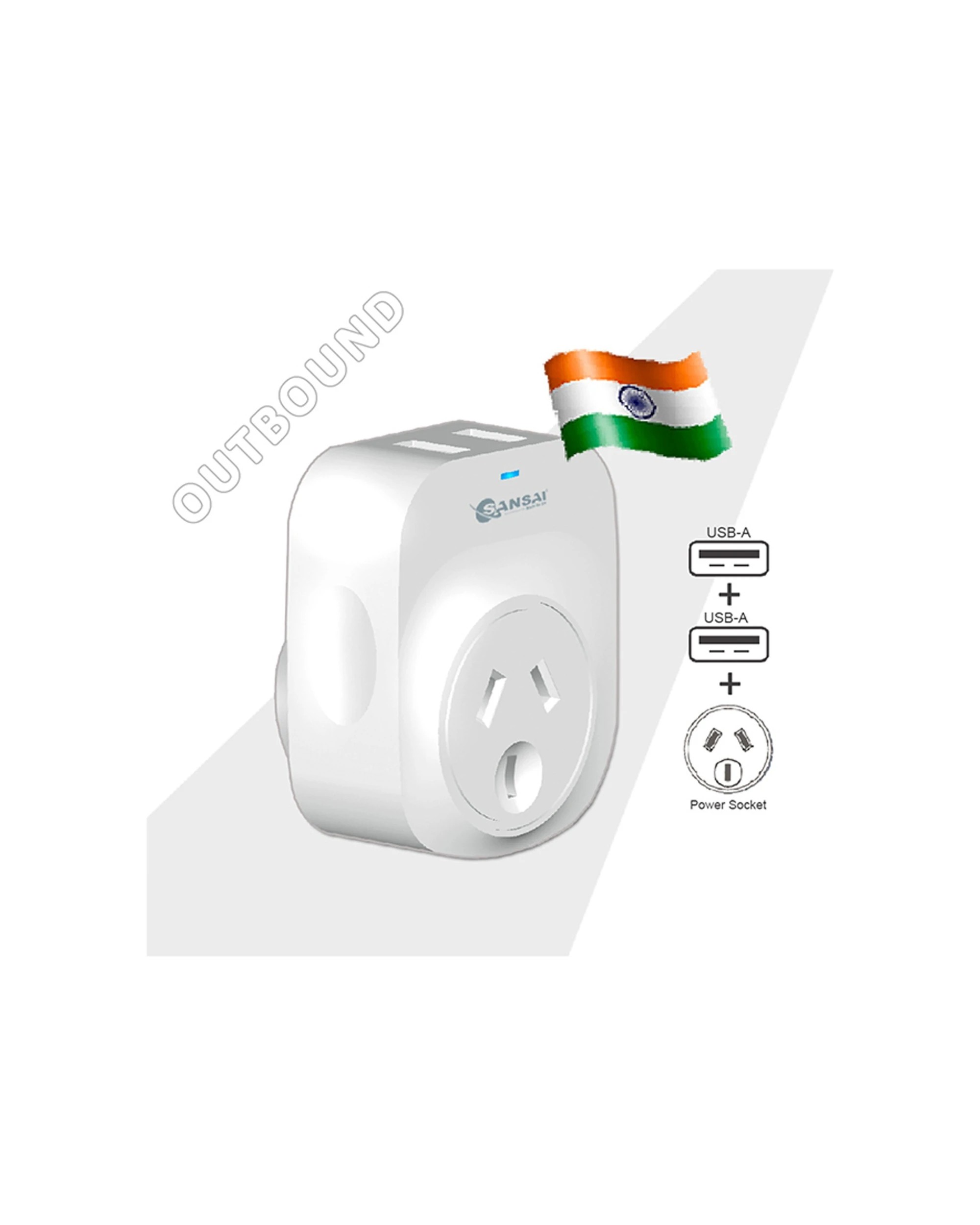 2 Sansai Surge Protected Travel Adapter with 2 x USB Ports AU India Region - White, 2 of 3