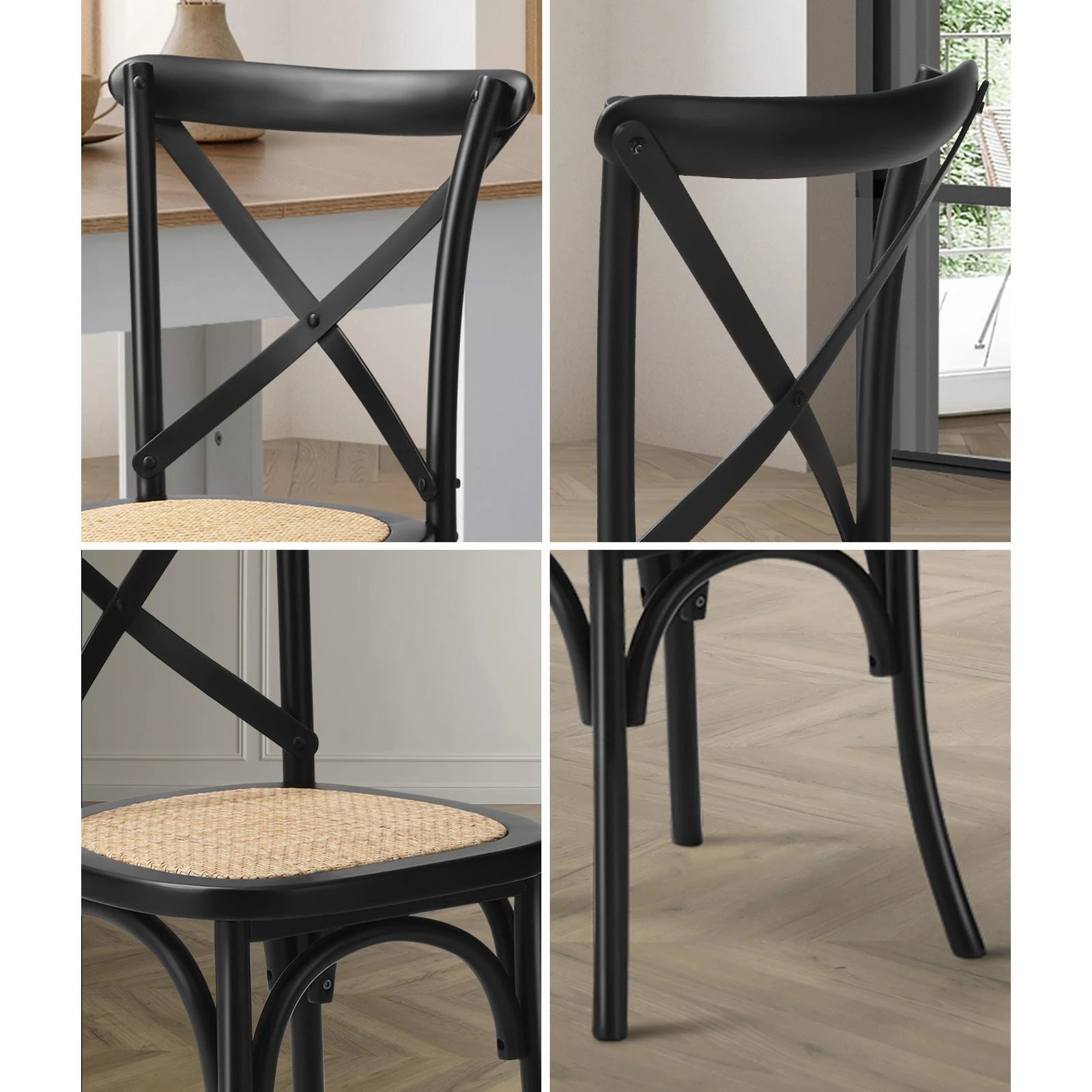 4 Oikiture 2pcs Crossback Dining Chair Solid Birch Timber Wood Ratan Seat
 - Black, 4 of 10