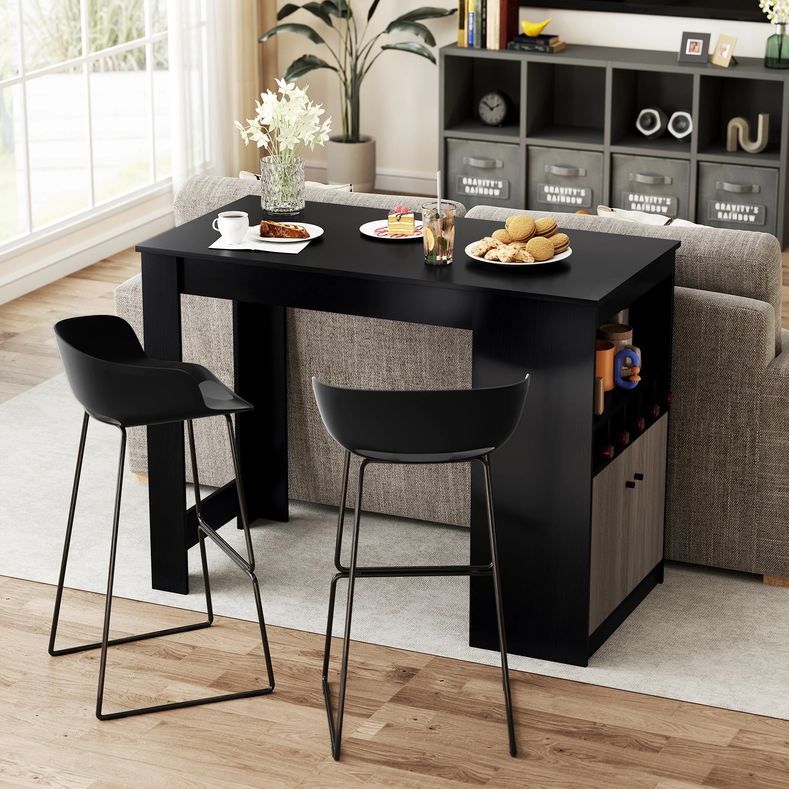2 Costway Bar Table w/Storage Cabinet Wine Rack & Adjustable Shelf Dining Table - Black, 2 of 4