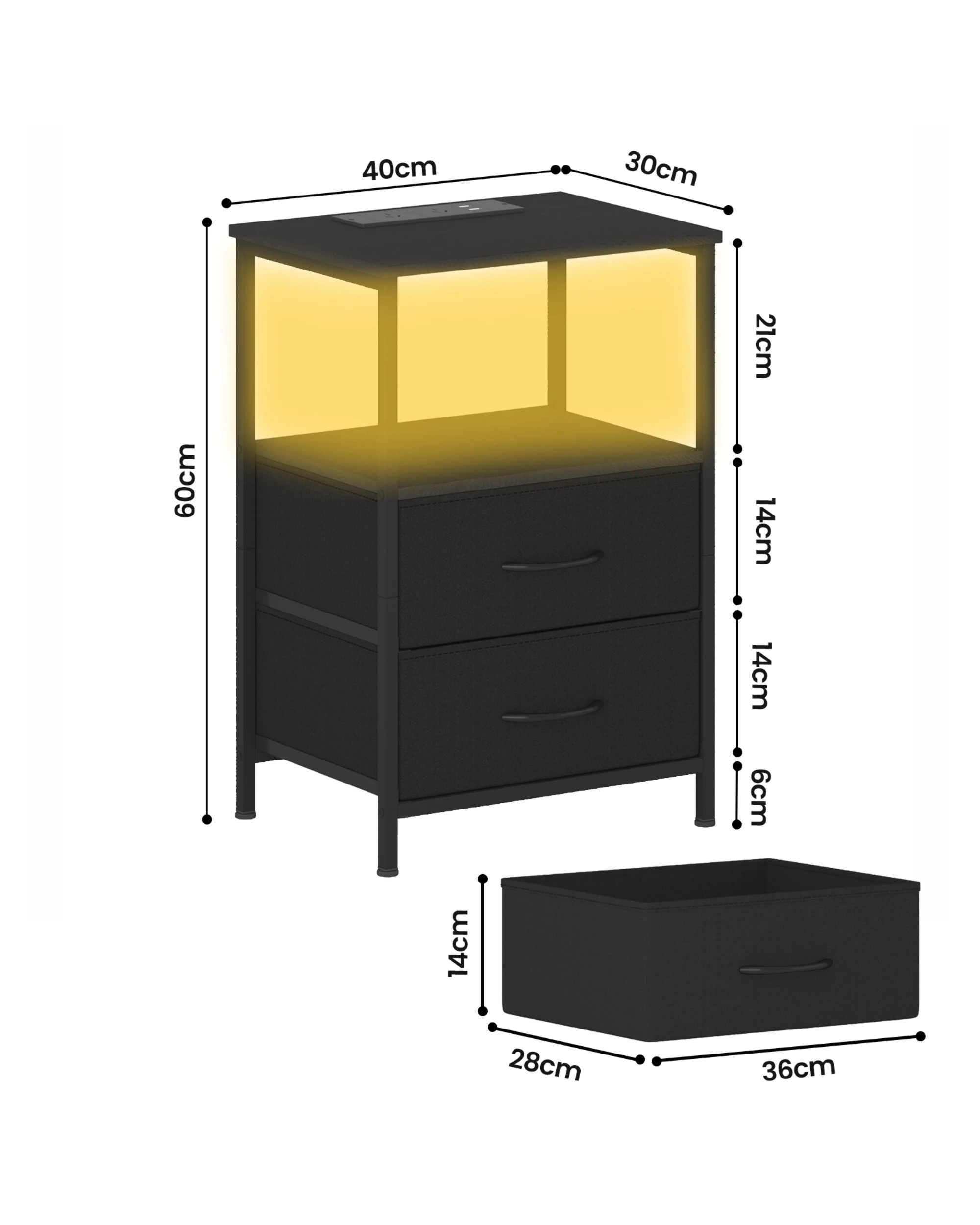 3 Advwin Led Bedside Table with Charging Station 2 Fabric Drawers - Black, 3 of 4
