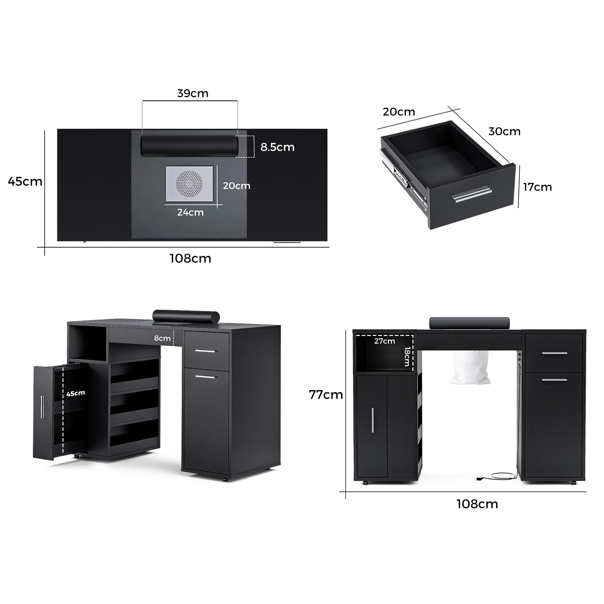 3 Advwin Manicure Table Vanity Desk With Dust Collector Glass Top Storage Cabinet - Black, 3 of 4