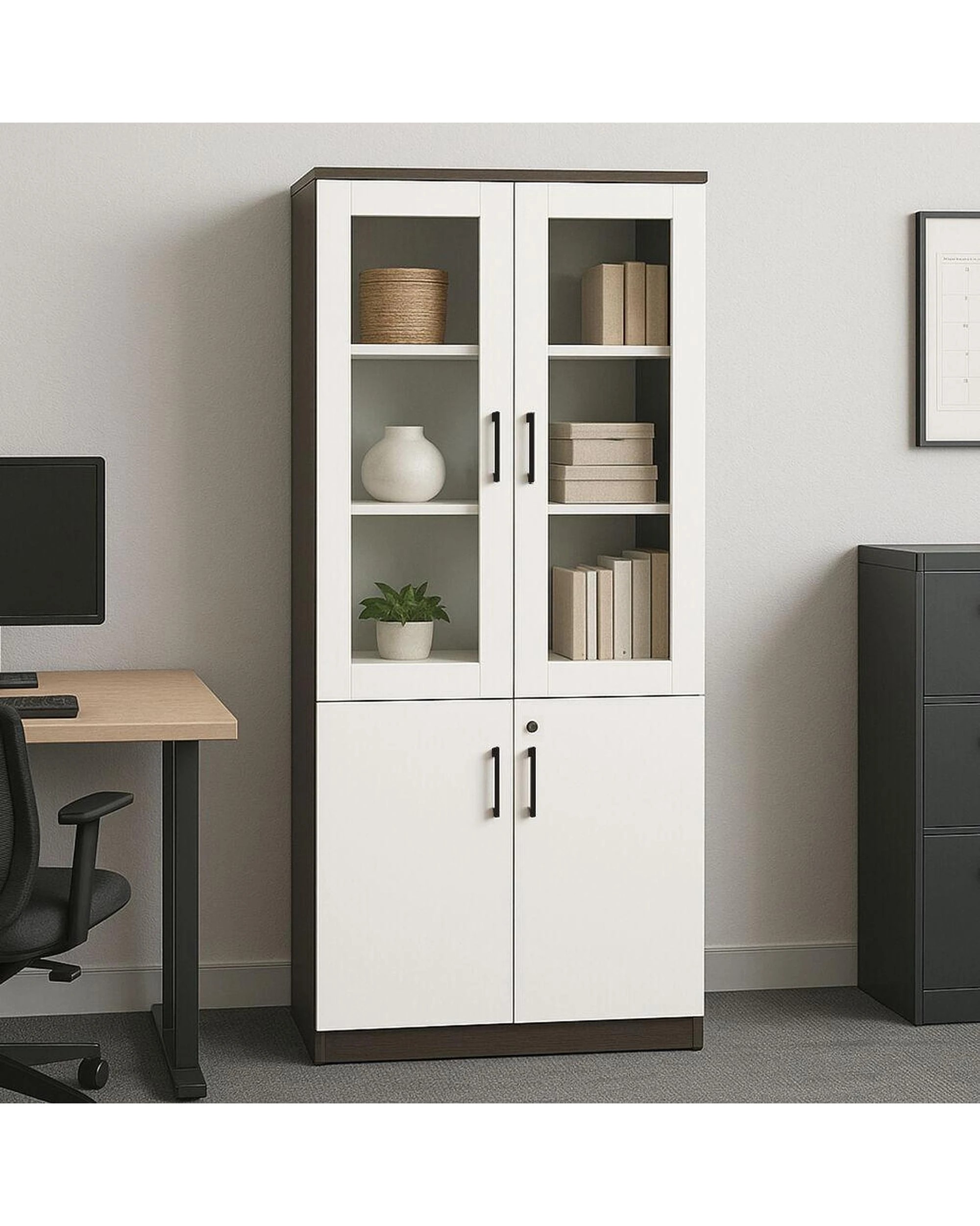 7 Esma  Storage Cabinet Filing Bookcases Unit with  Glass Doors & Lockable Base, 7 of 9