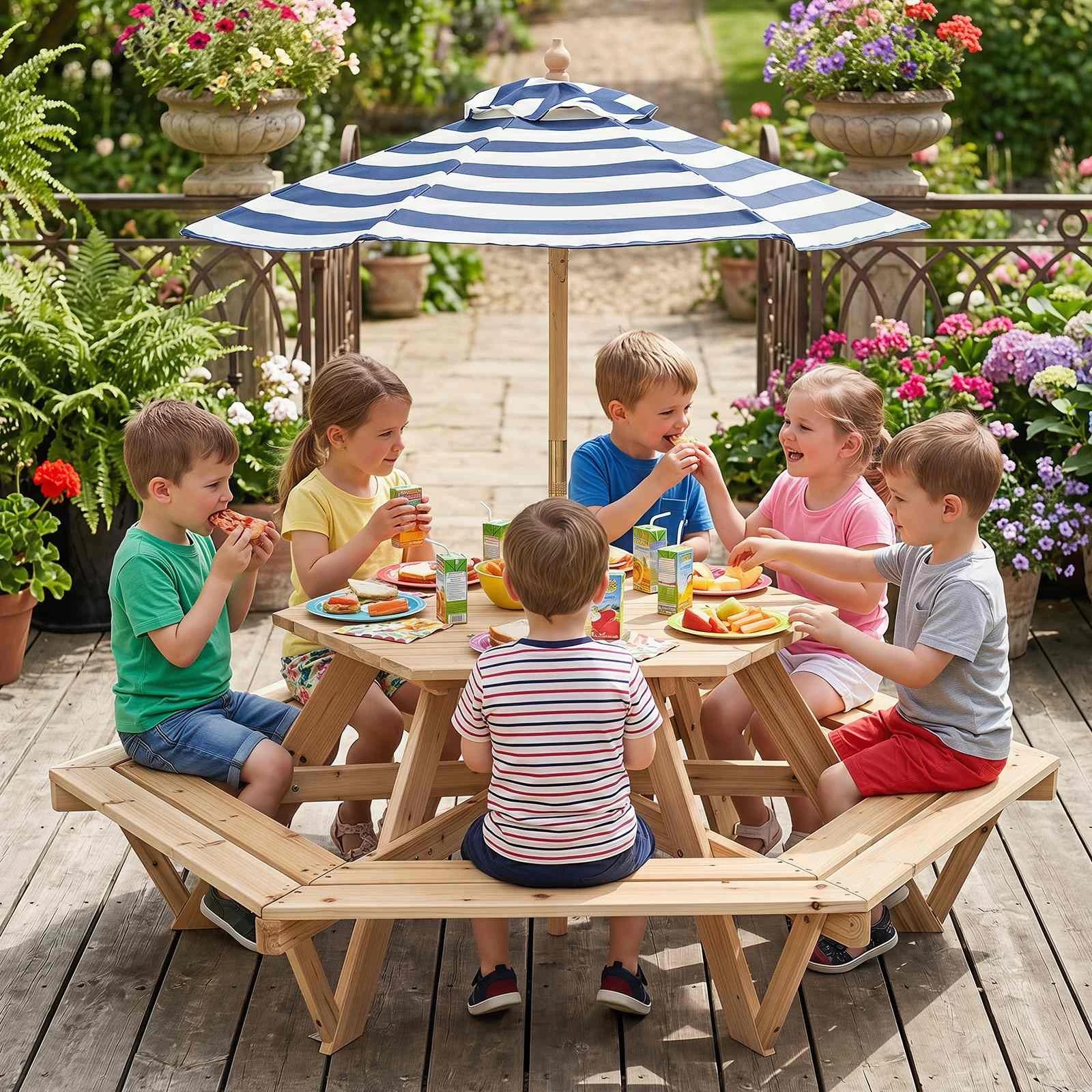 3 Costway Picnic Table Activity Chairs Set Removable Umbrella Solid Wood Outdoor Table Bench, 3 of 3