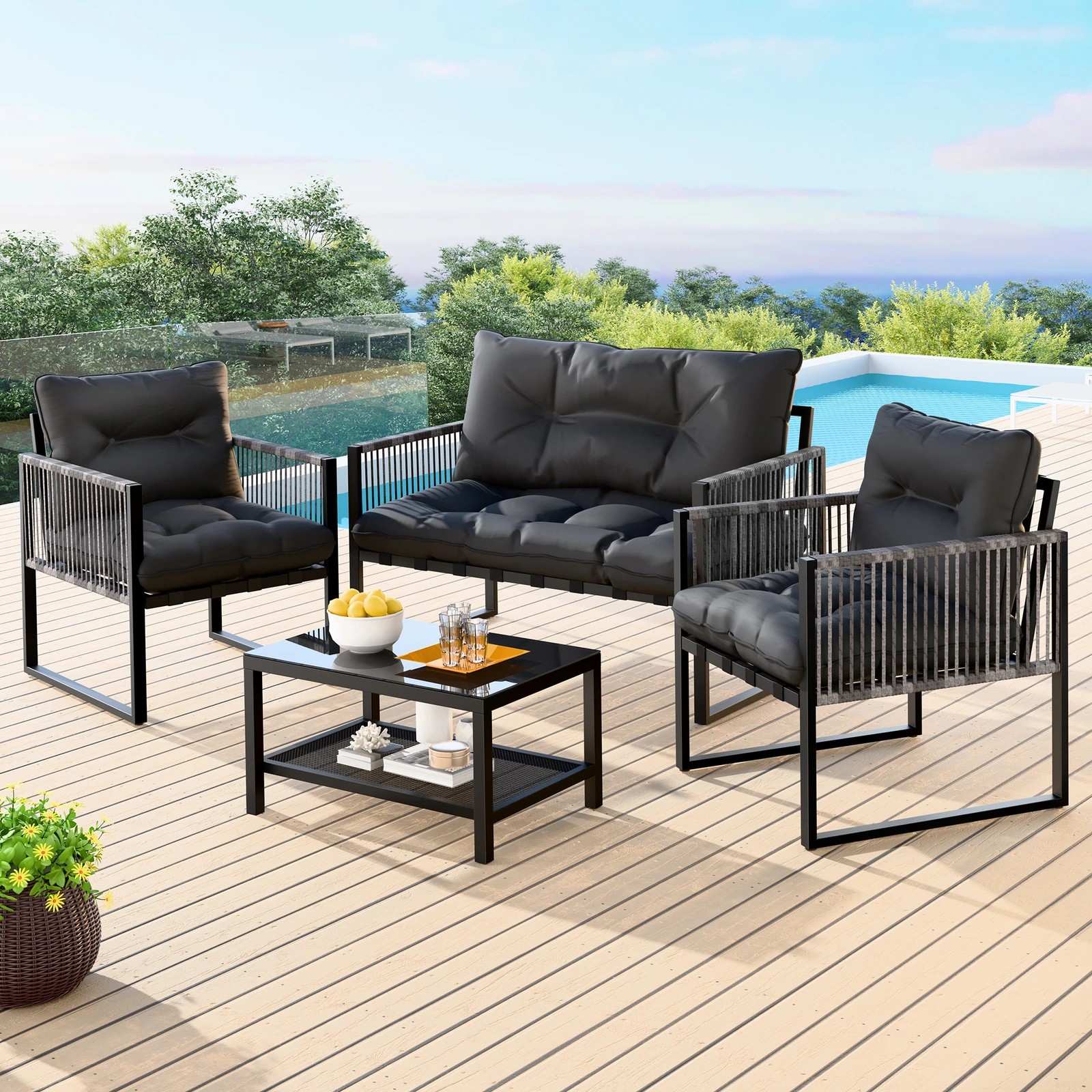 2 Alfordson 4PCS Outdoor Furniture Lounge Set Table and Chairs Garden - Black Grey, 2 of 10