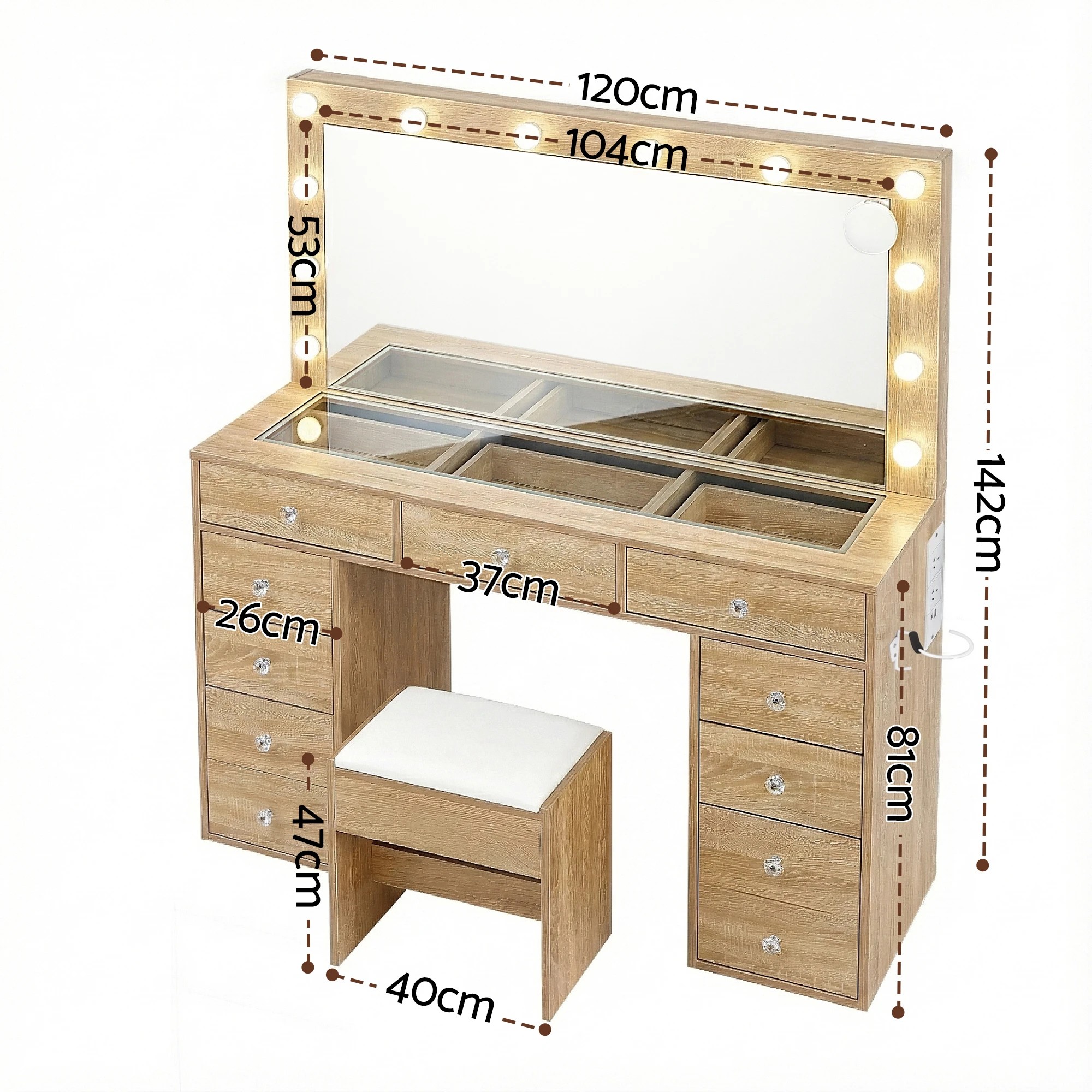 2 Artiss Dressing Table Vanity Desk Set Stool LED Bulbs - Brown, 2 of 2