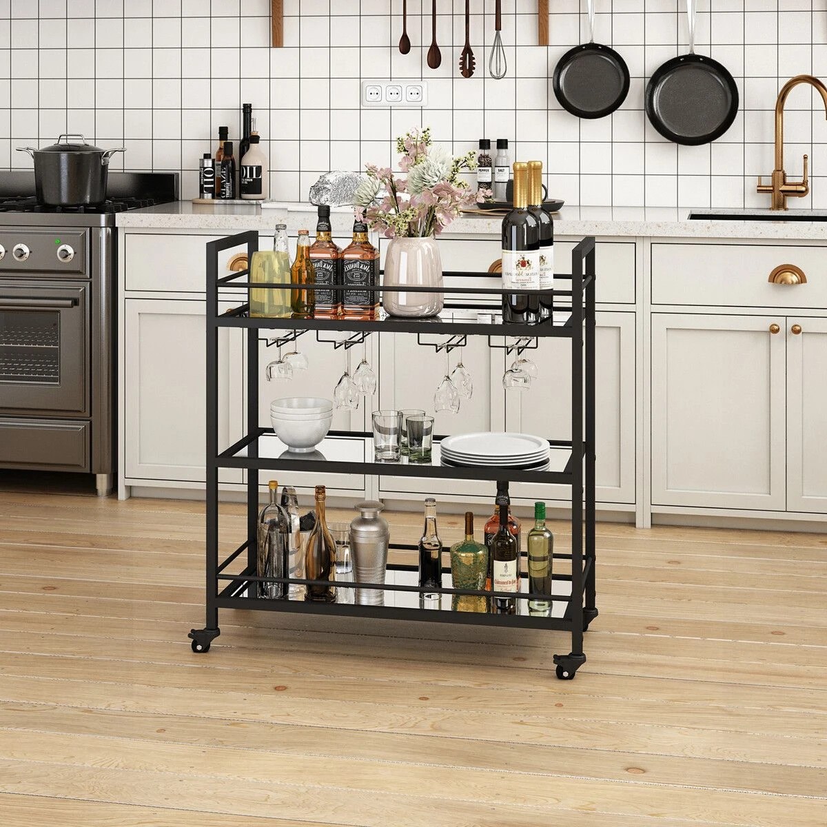 3 Ausway Bar Cart Drinks Trolley Coffee Tea Wine - Black, 3 of 7