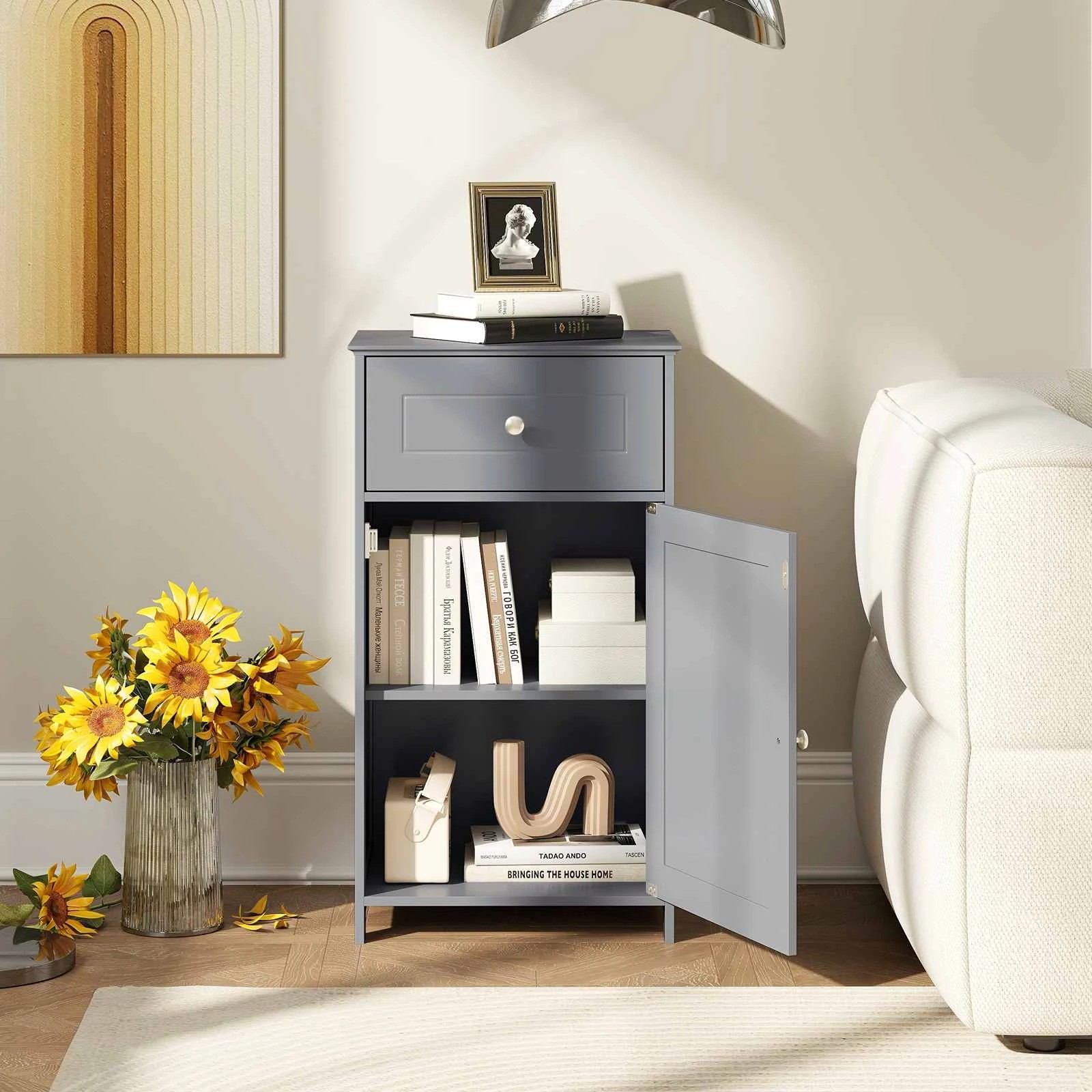 2 Costway Bathroom Cabinet Toilet Storage Cupboard Laundry Sideboard w/Drawer - Grey, 2 of 5